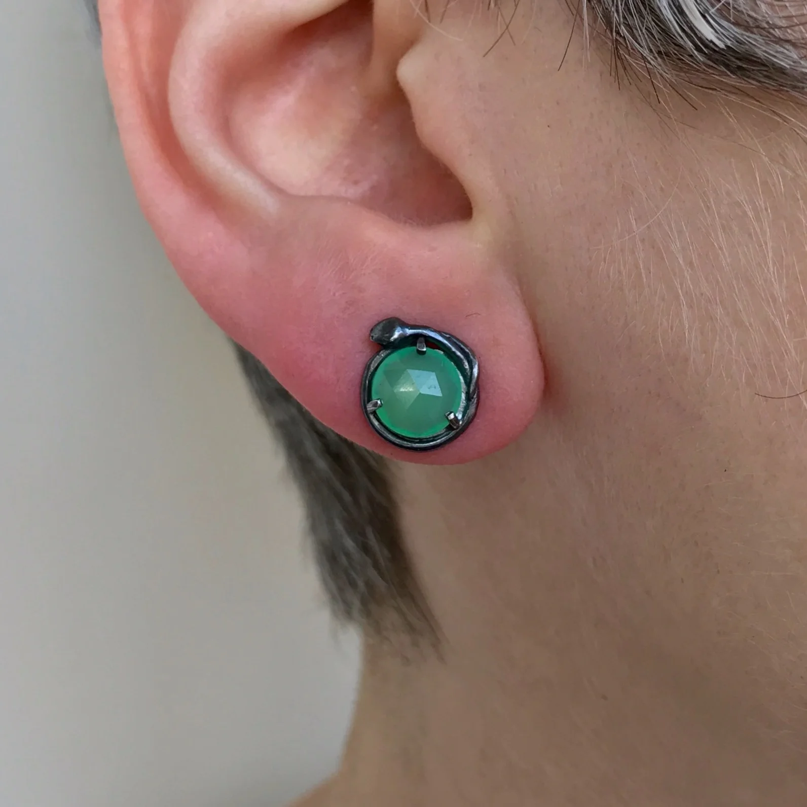 Rose Cut Green Chrysoprase Snake Stud Earring by Beloved Little Lamb