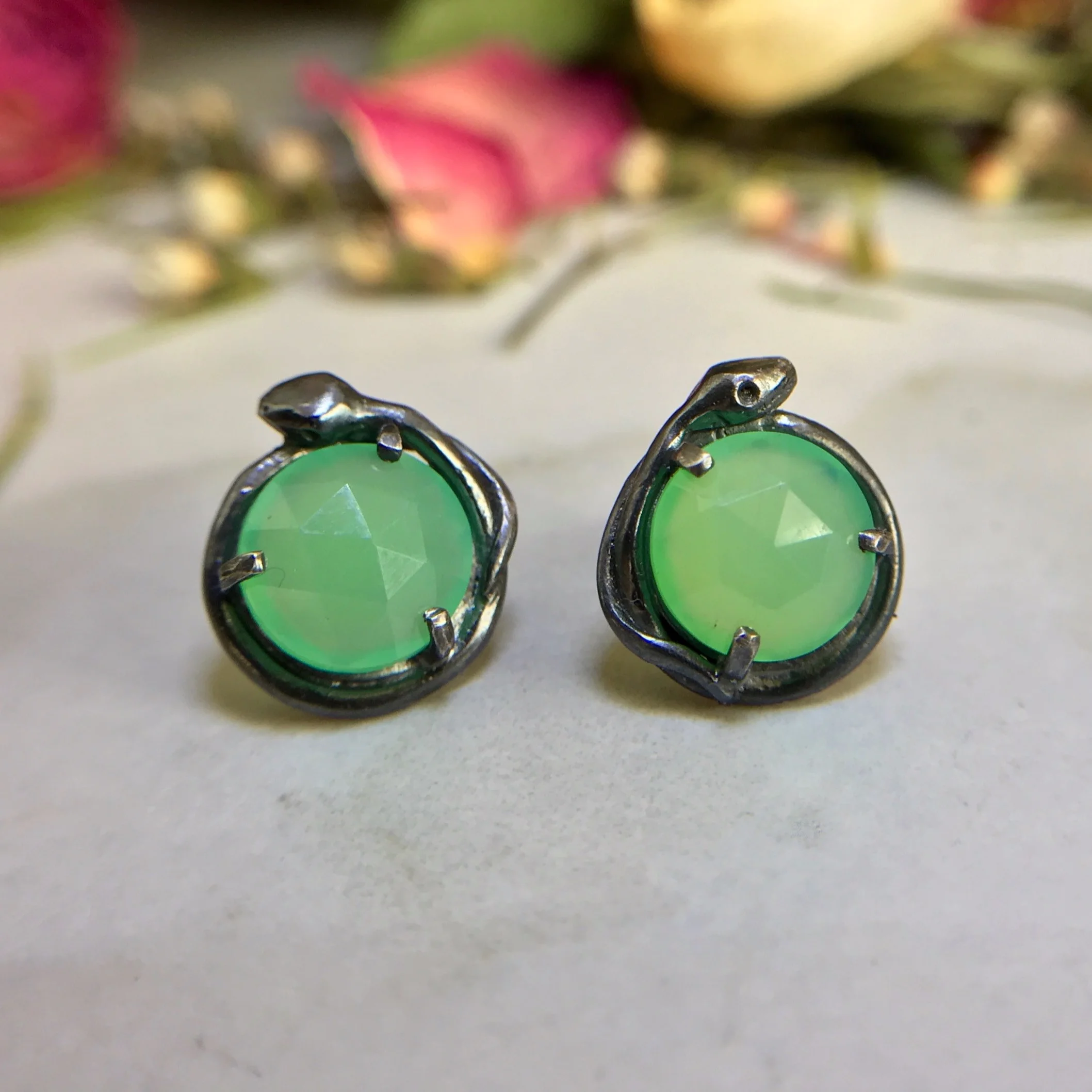 Rose Cut Green Chrysoprase Snake Stud Earring by Beloved Little Lamb