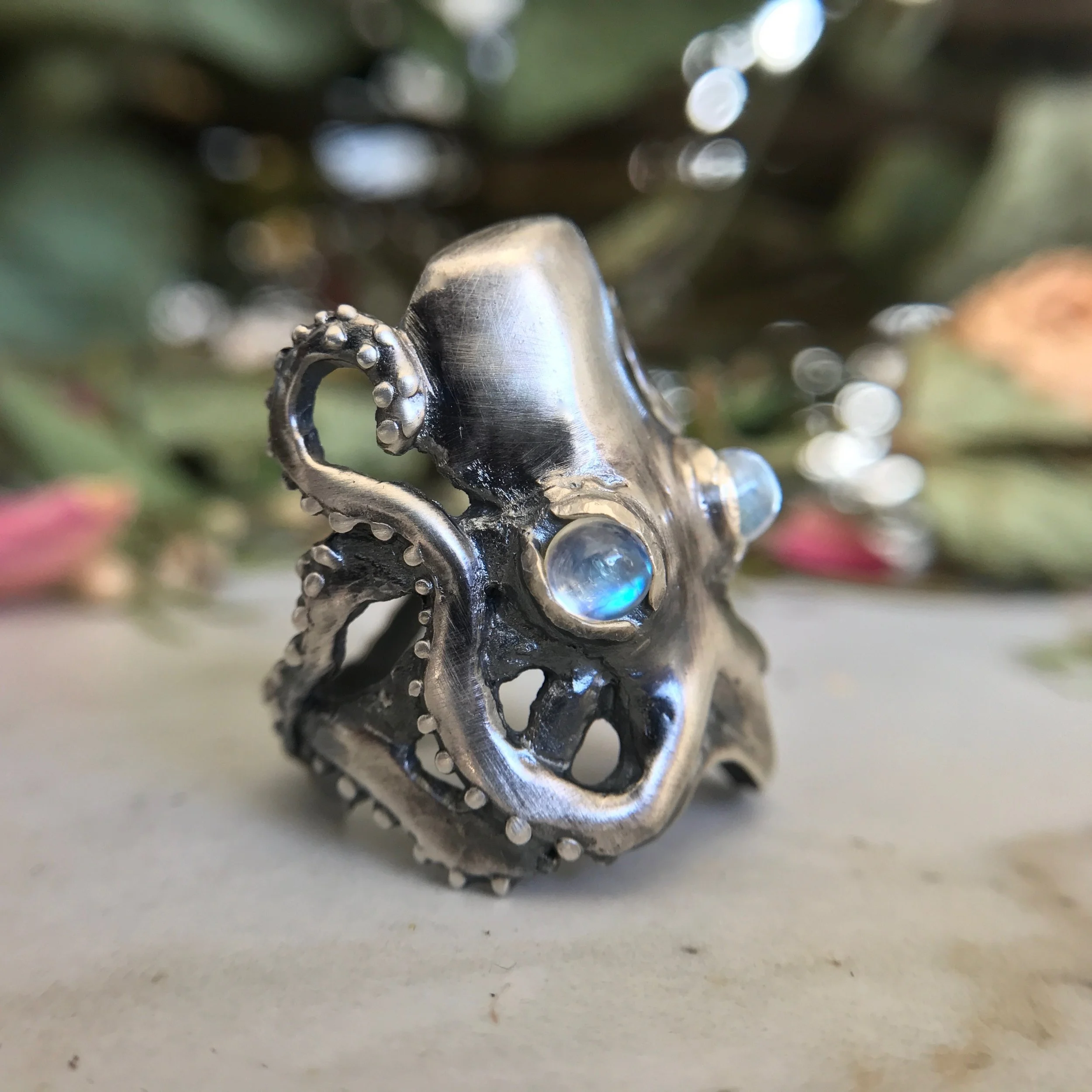 Octopus Ring with Rainbow Moonstone Eyes in Oxidized Sterling Silver