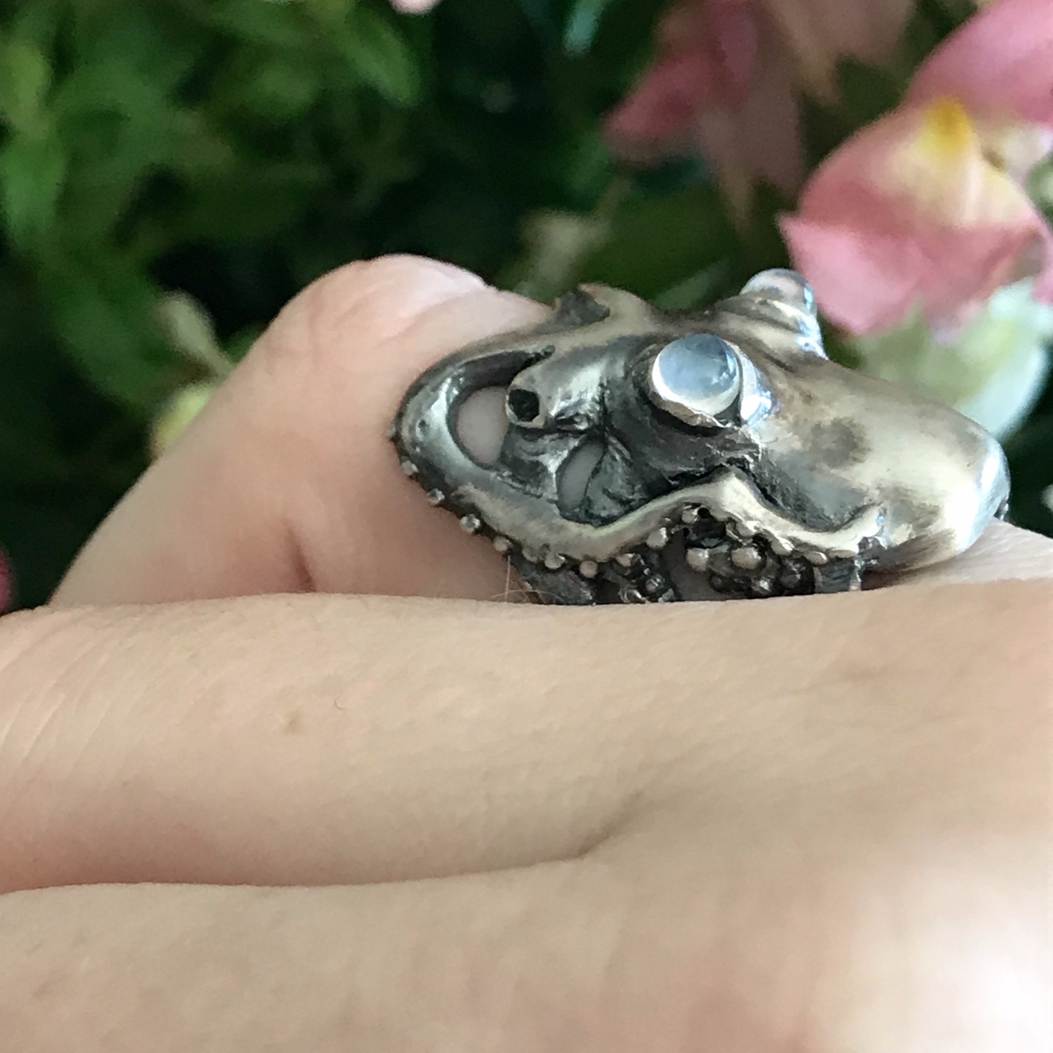 Octopus Ring with Rainbow Moonstone Eyes in Oxidized Sterling Silver