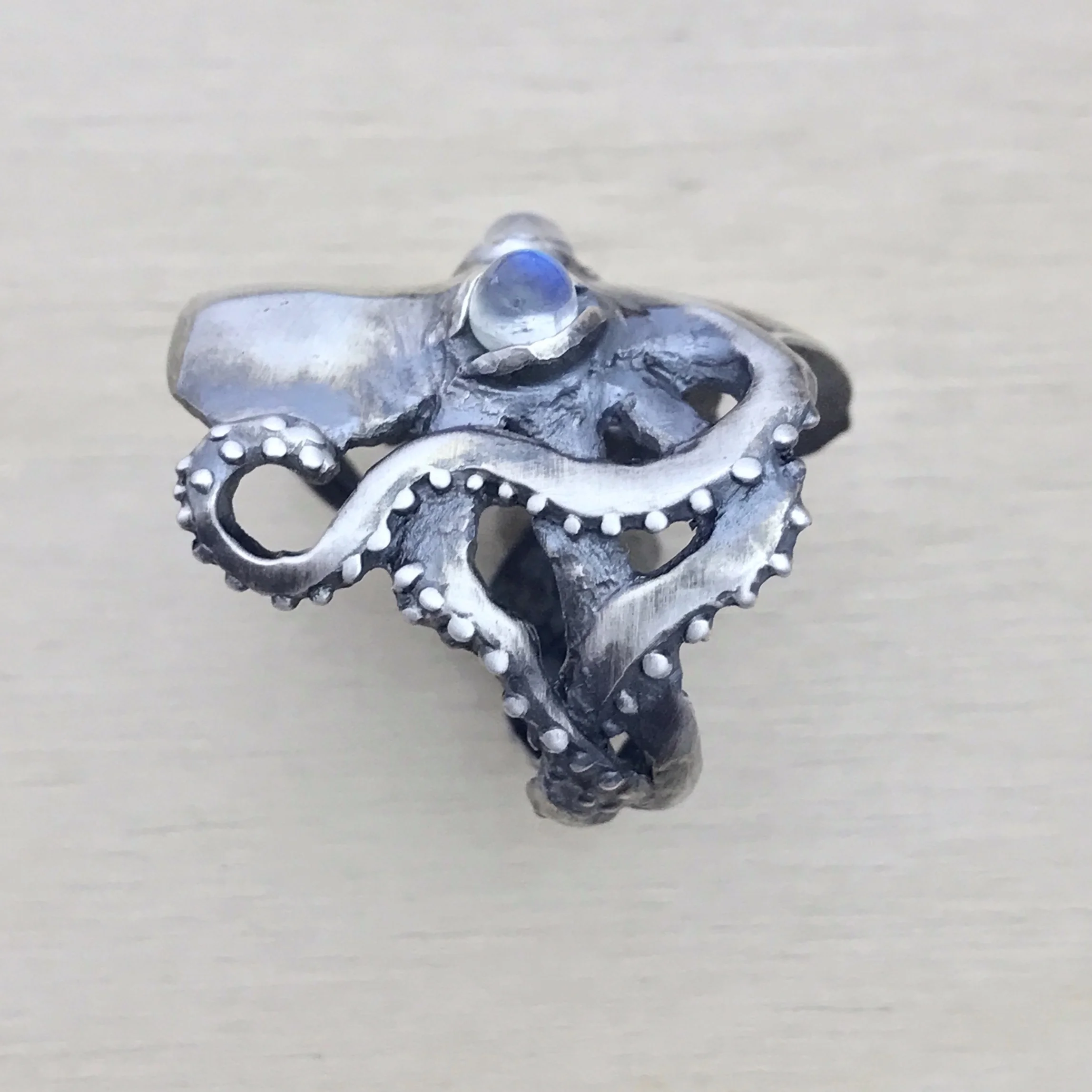 Octopus Ring with Rainbow Moonstone Eyes in Oxidized Sterling Silver