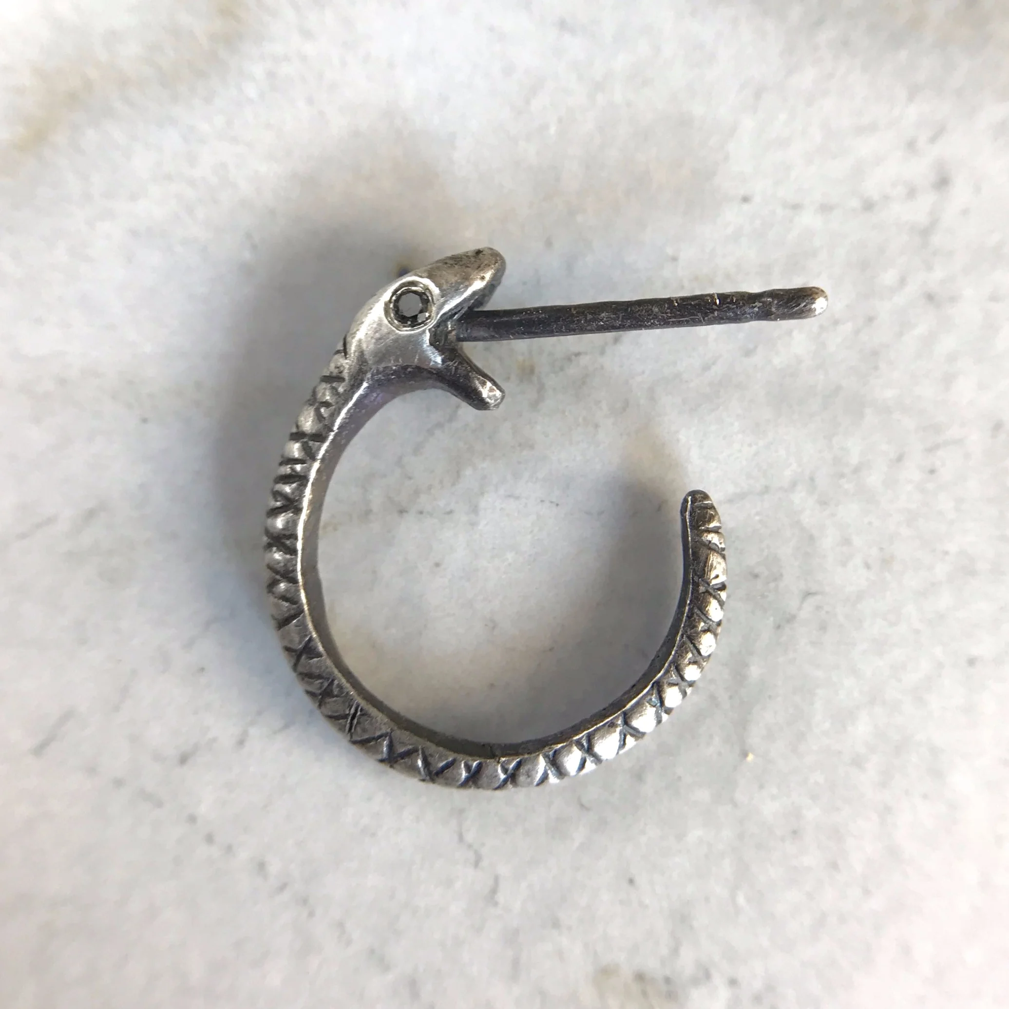 Silver Snakebite Hoop Earrings with Black Diamond Eyes by Beloved Little Lamb