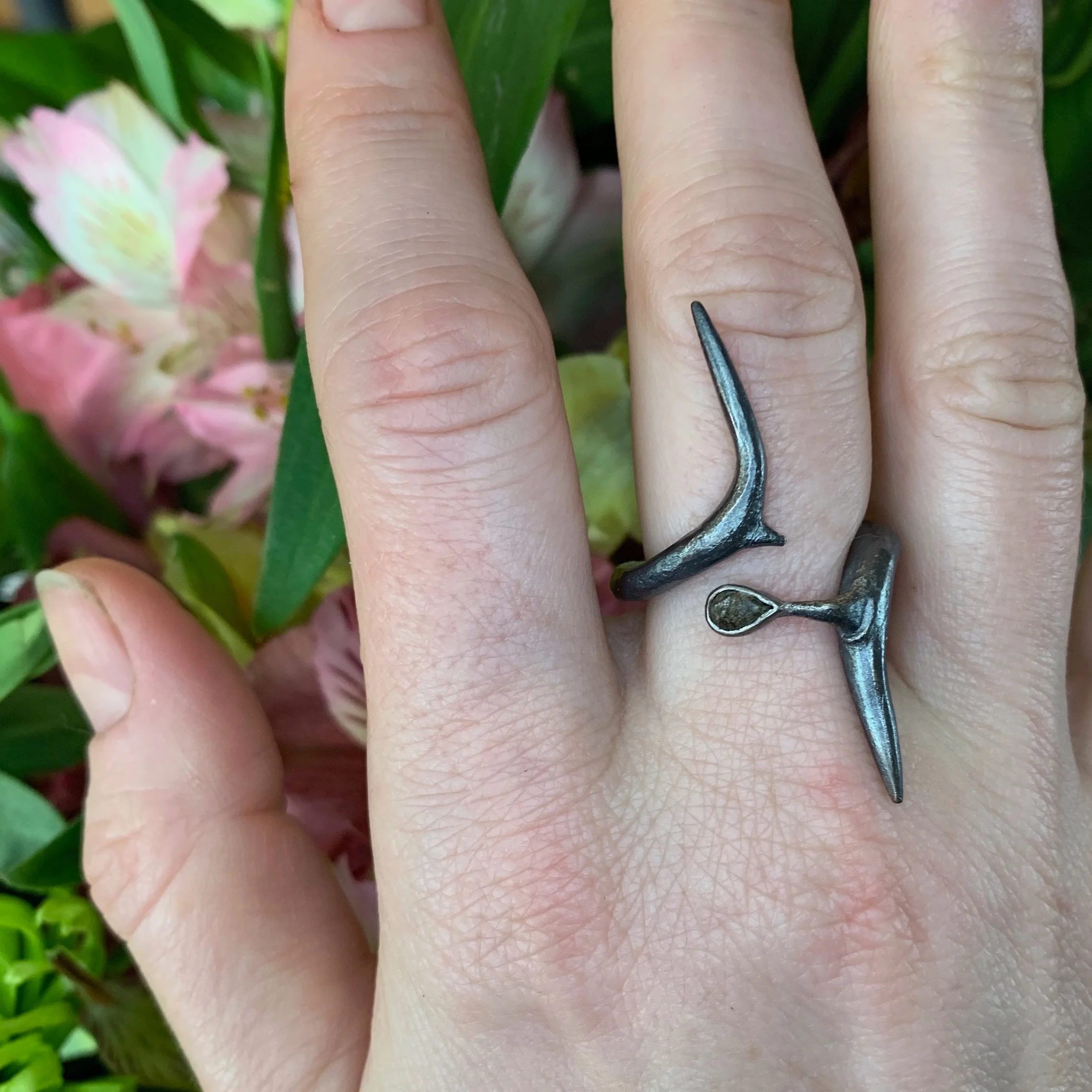 Twisted Thorn Ring with a Rose Cut Diamond Teardrop