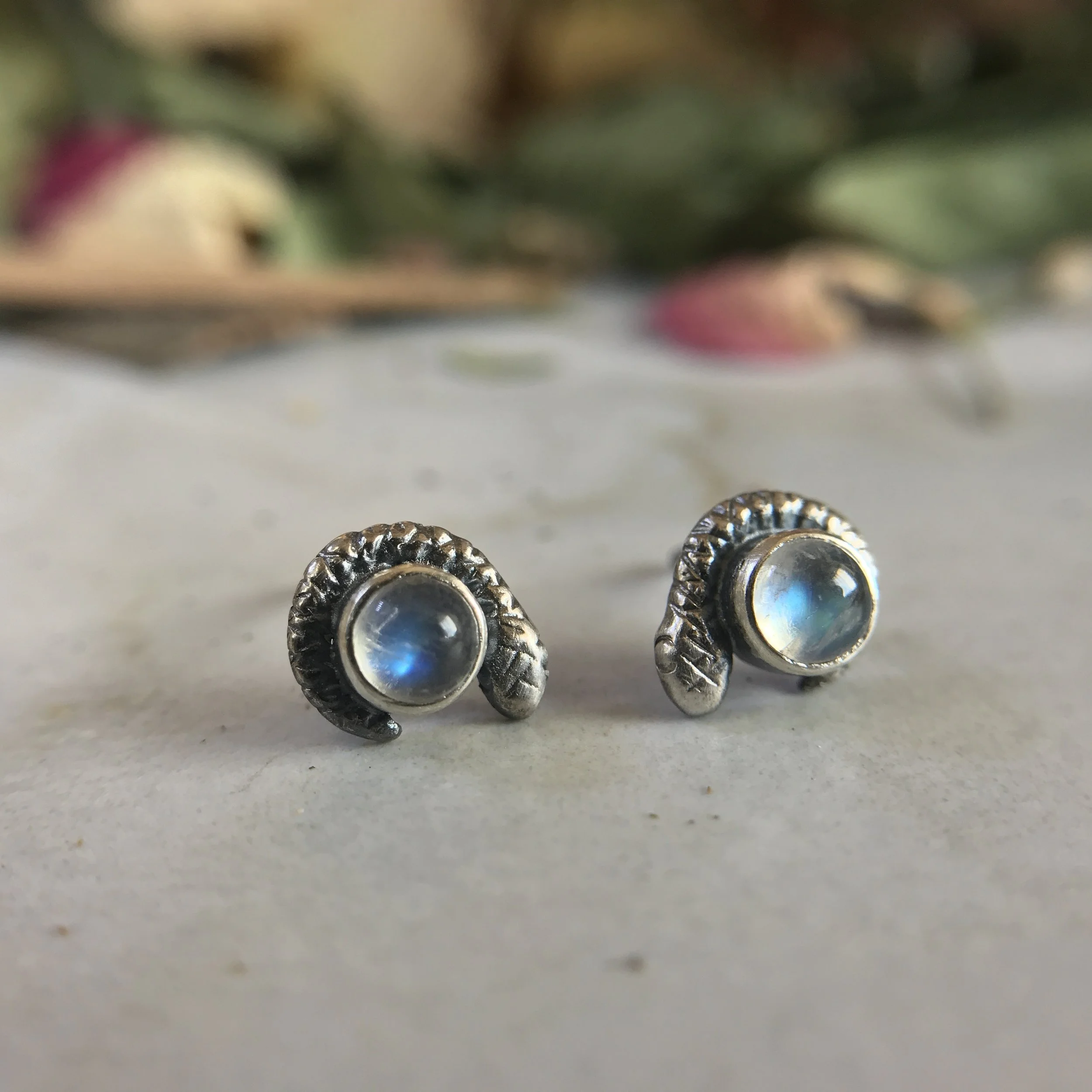 Half Moon Snake Stud Earring with Bezel Set Rainbow Moonstone by Beloved Little Lamb