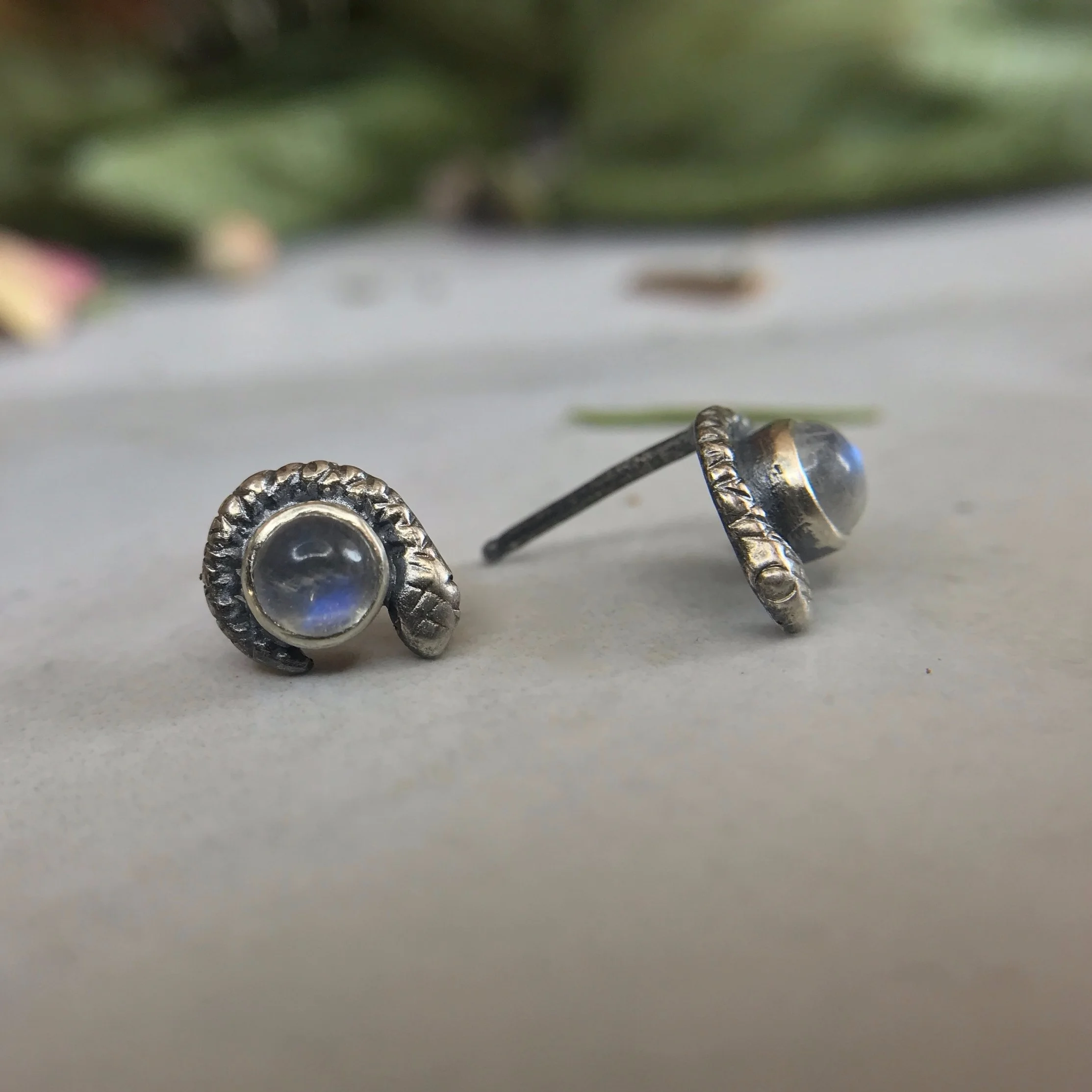 Half Moon Snake Stud Earring with Bezel Set Rainbow Moonstone by Beloved Little Lamb