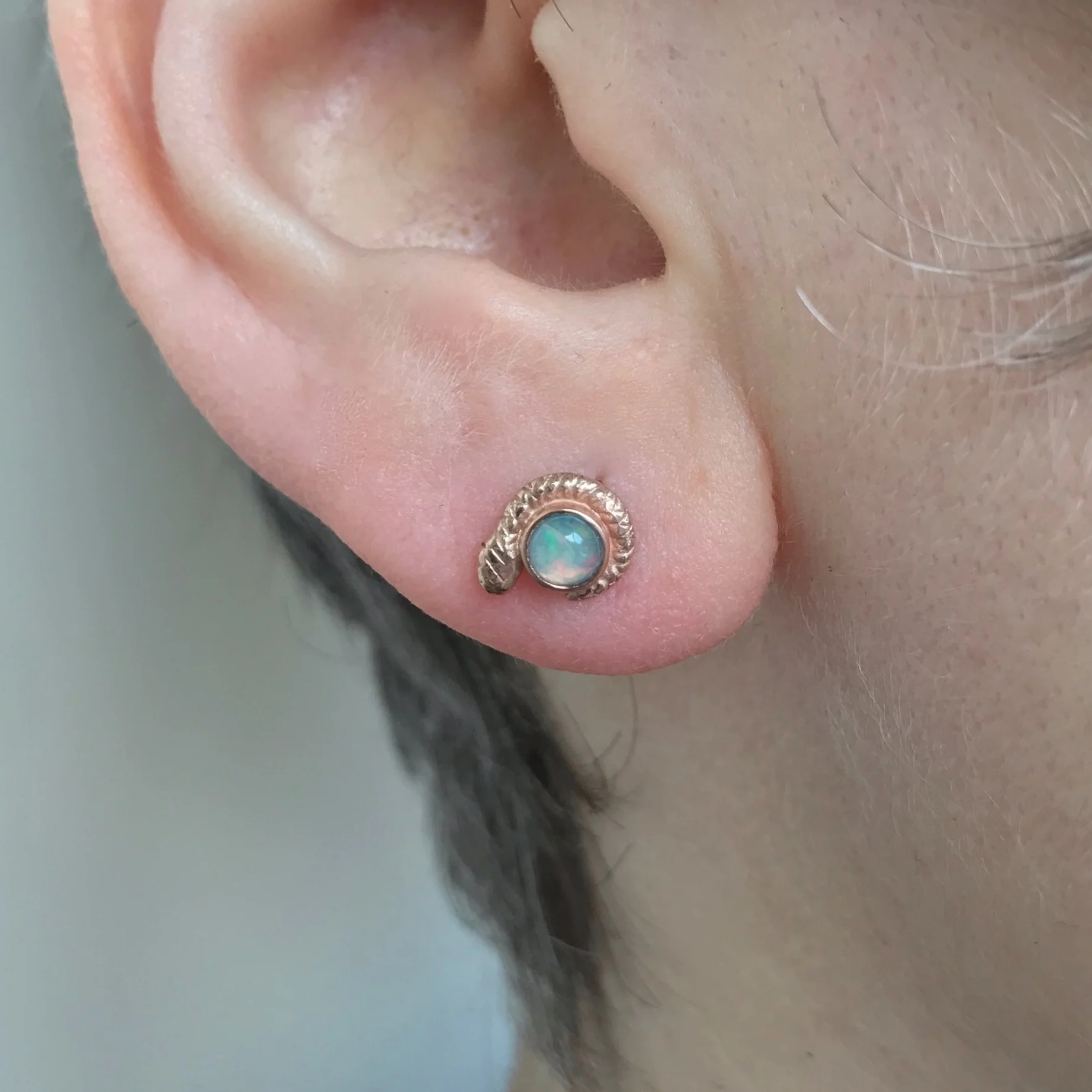 !4K Rose Gold and Ethiopian Opal Snake Stud Earrings by Beloved Little Lamb