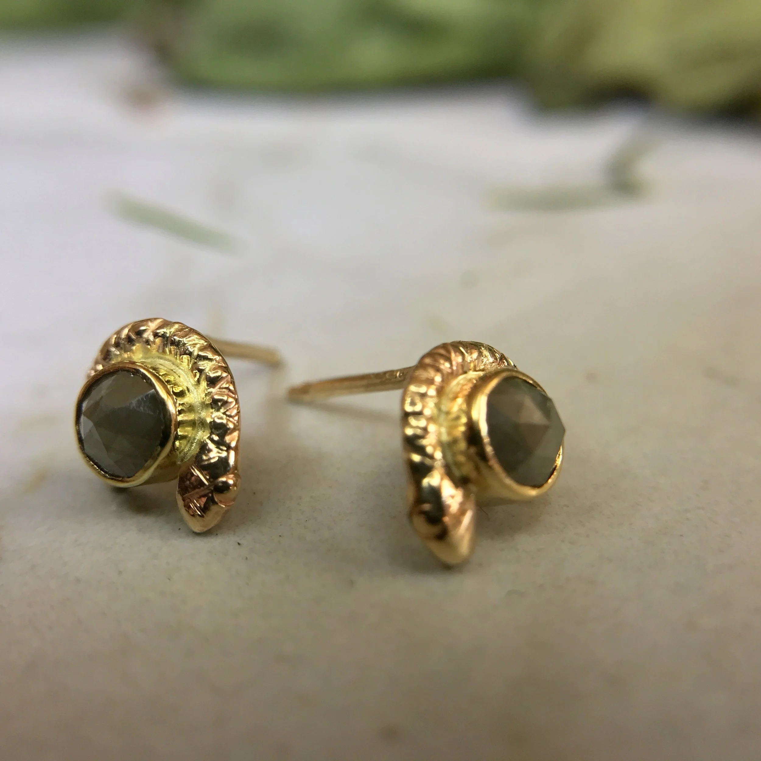 14k Yellow Snake Stud Earrings with Gray Rose Cut Diamond by Beloved Little Lamb
