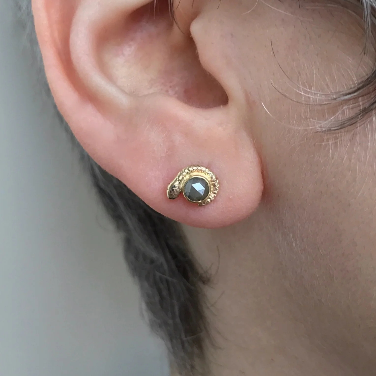 14k Yellow Snake Stud Earrings with Gray Rose Cut Diamond by Beloved Little Lamb
