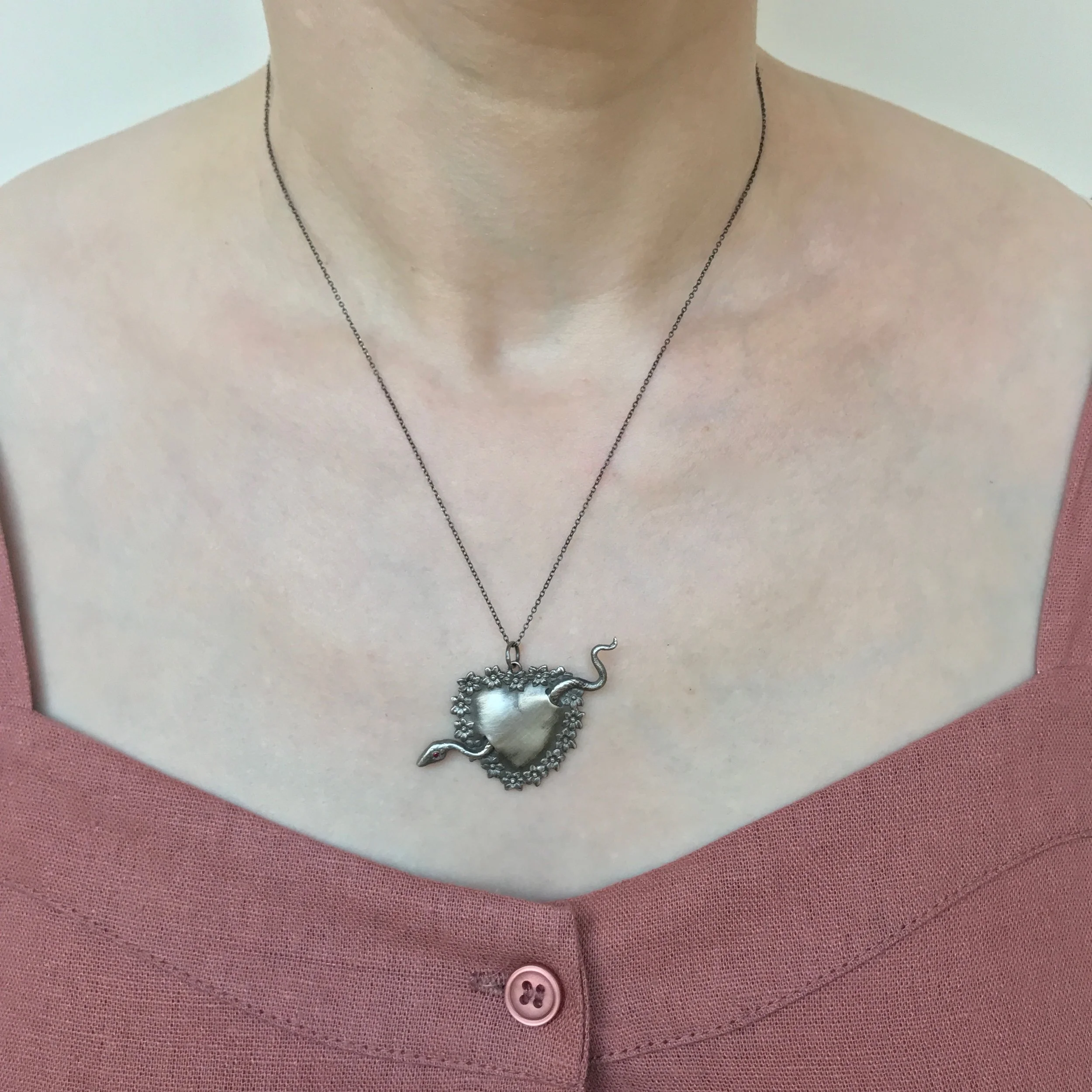 Floral Snake Heart Pendant with Ruby Eye in Oxidized Sterling Silver by Beloved Little Lamb