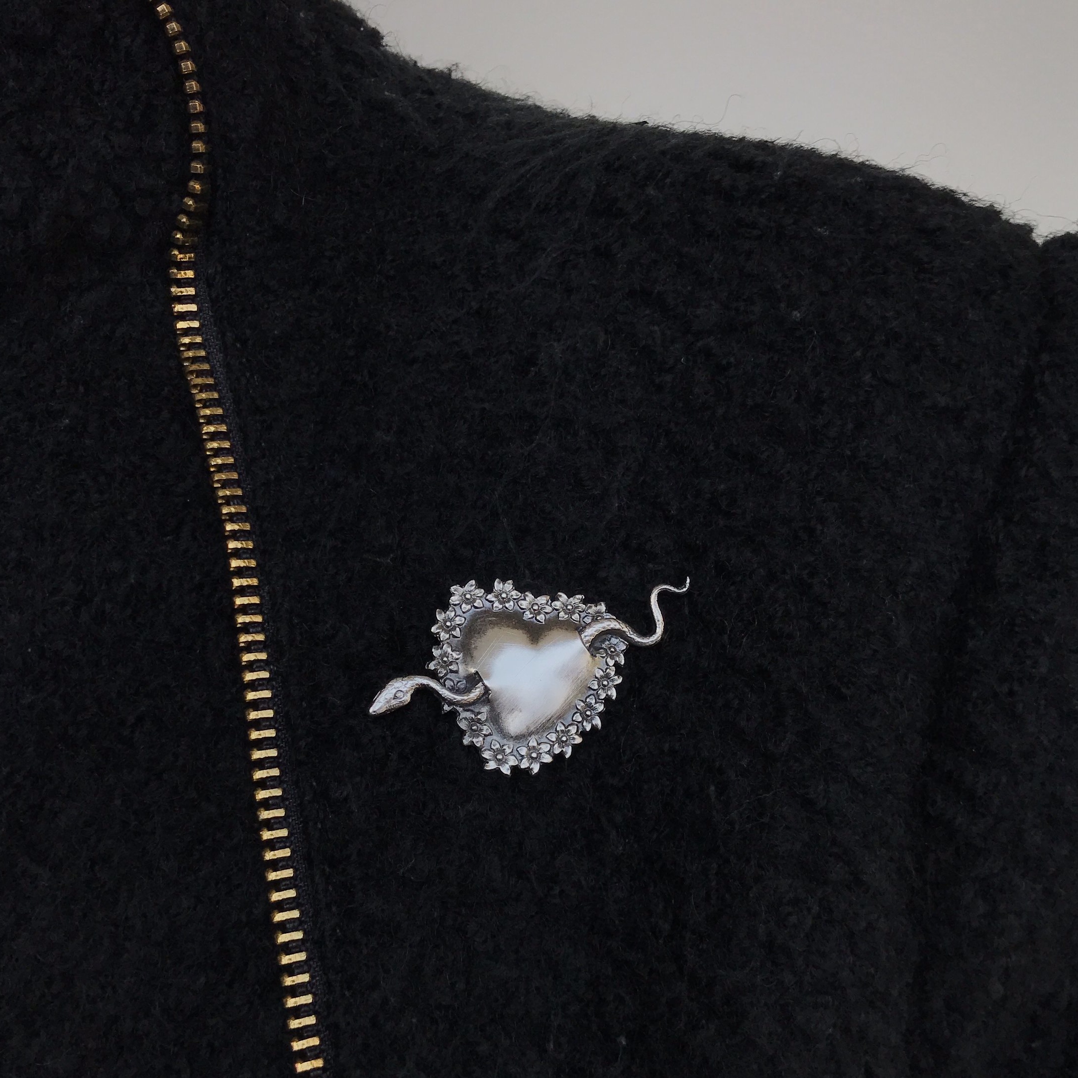 Victorian Floral Heart and Snake Brooch in Oxidized Sterling Silver