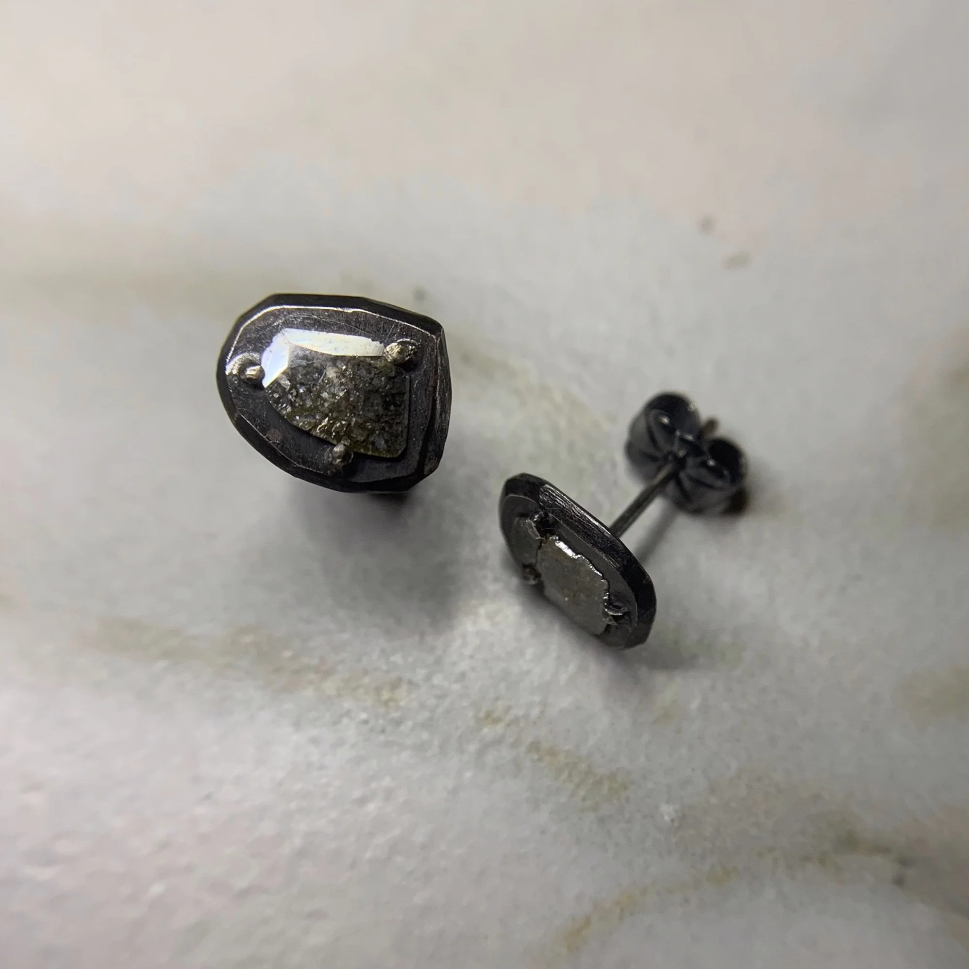 Black Smashed Diamond Stud Earrings in Oxidized Sterling Silver