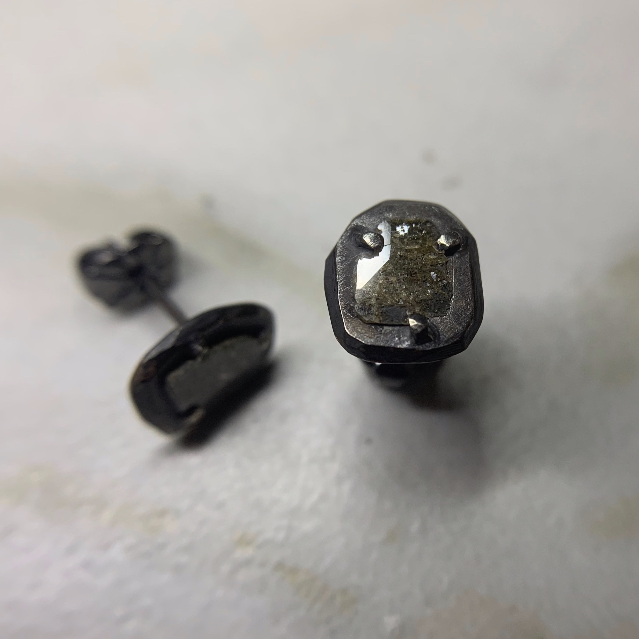 Black Smashed Diamond Stud Earrings in Oxidized Sterling Silver