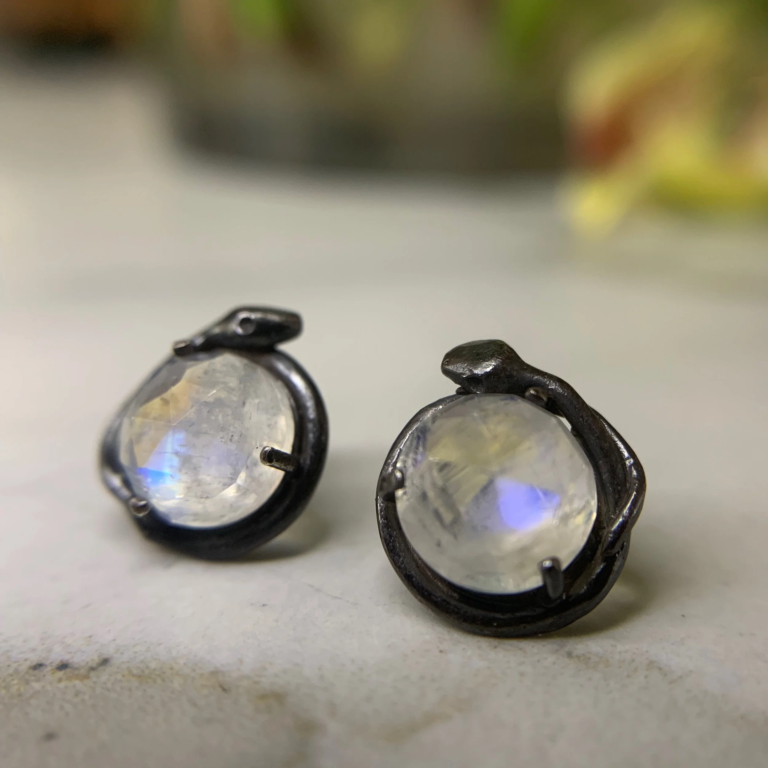 Oxidized Silver Snake Stud Earrings with Rose Cut Rainbow Moonstones