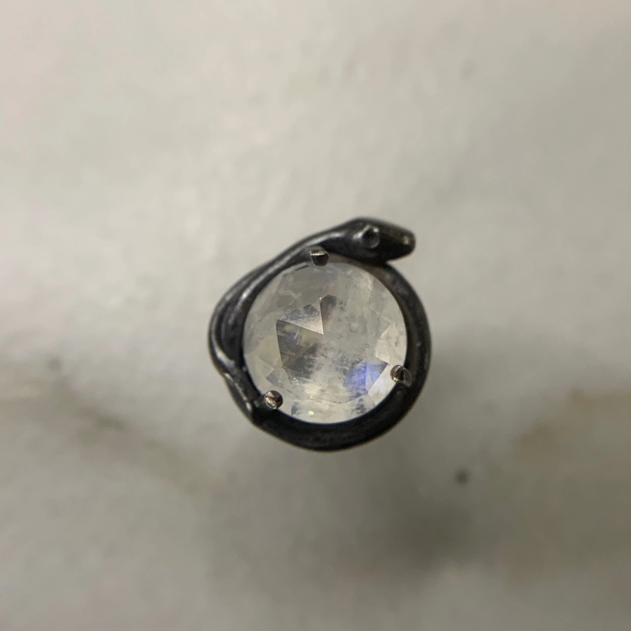 Oxidized Silver Snake Stud Earrings with Rose Cut Rainbow Moonstones