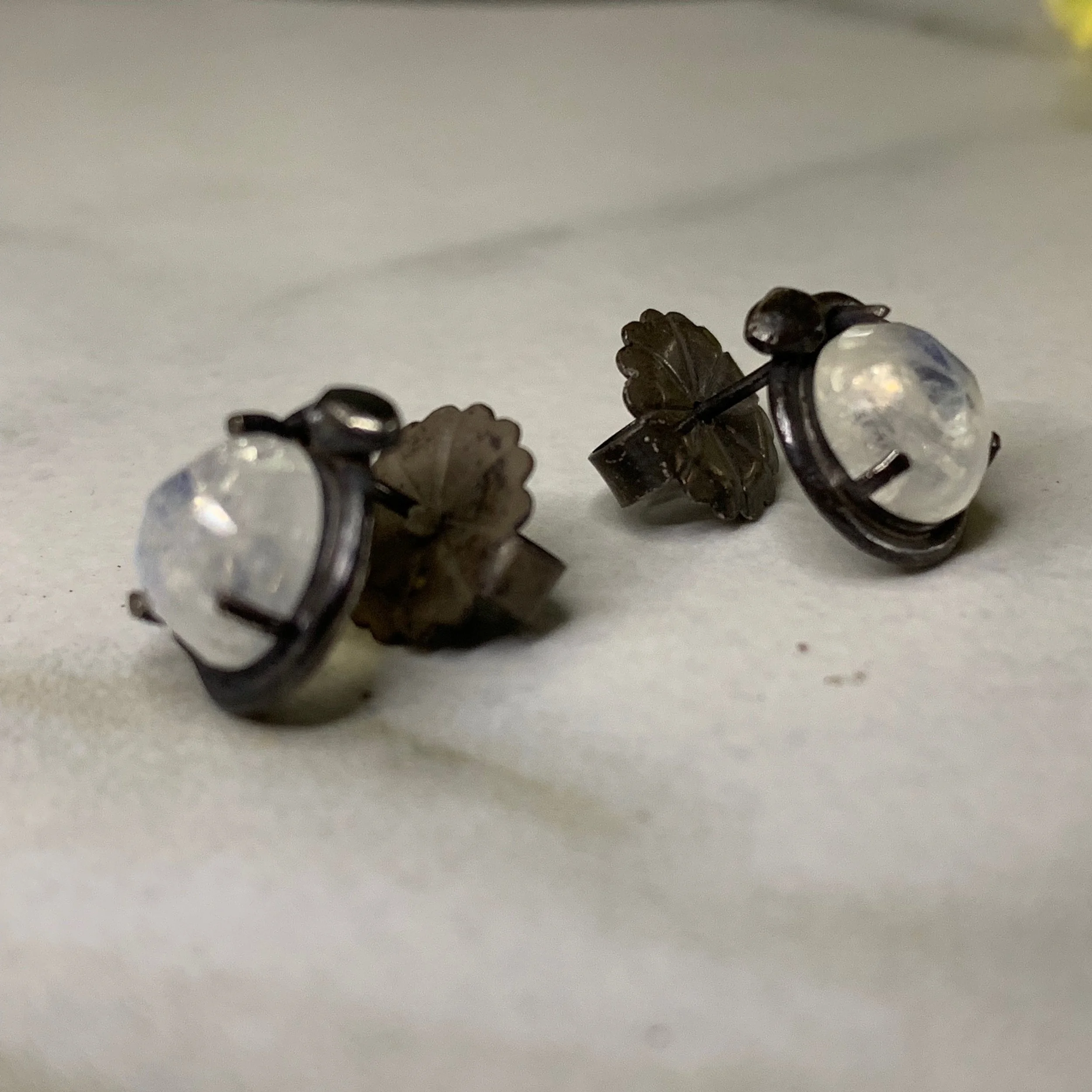 Oxidized Silver Snake Stud Earrings with Rose Cut Rainbow Moonstones