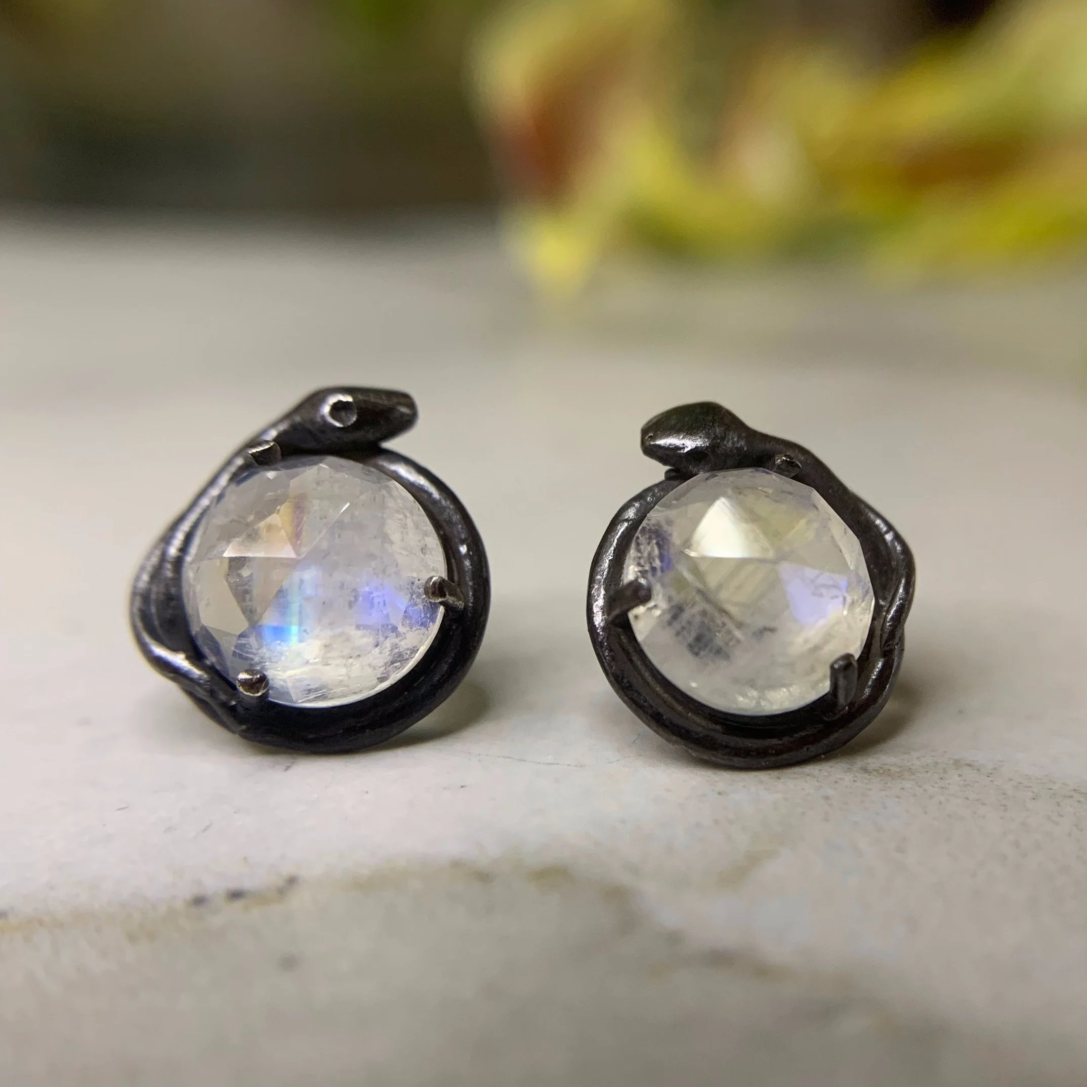 Oxidized Silver Snake Stud Earrings with Rose Cut Rainbow Moonstones