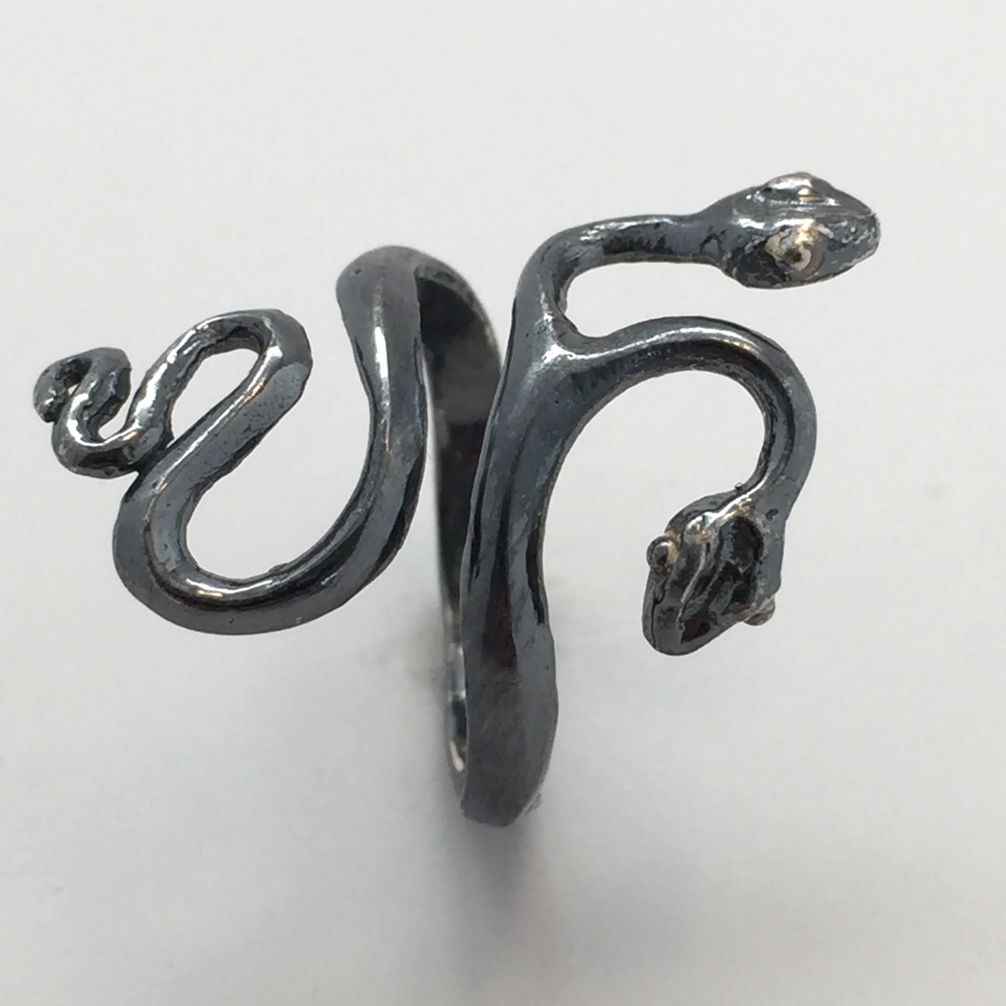 Two Headed Ribbon Snake in Deeply Oxidized Sterling Silver