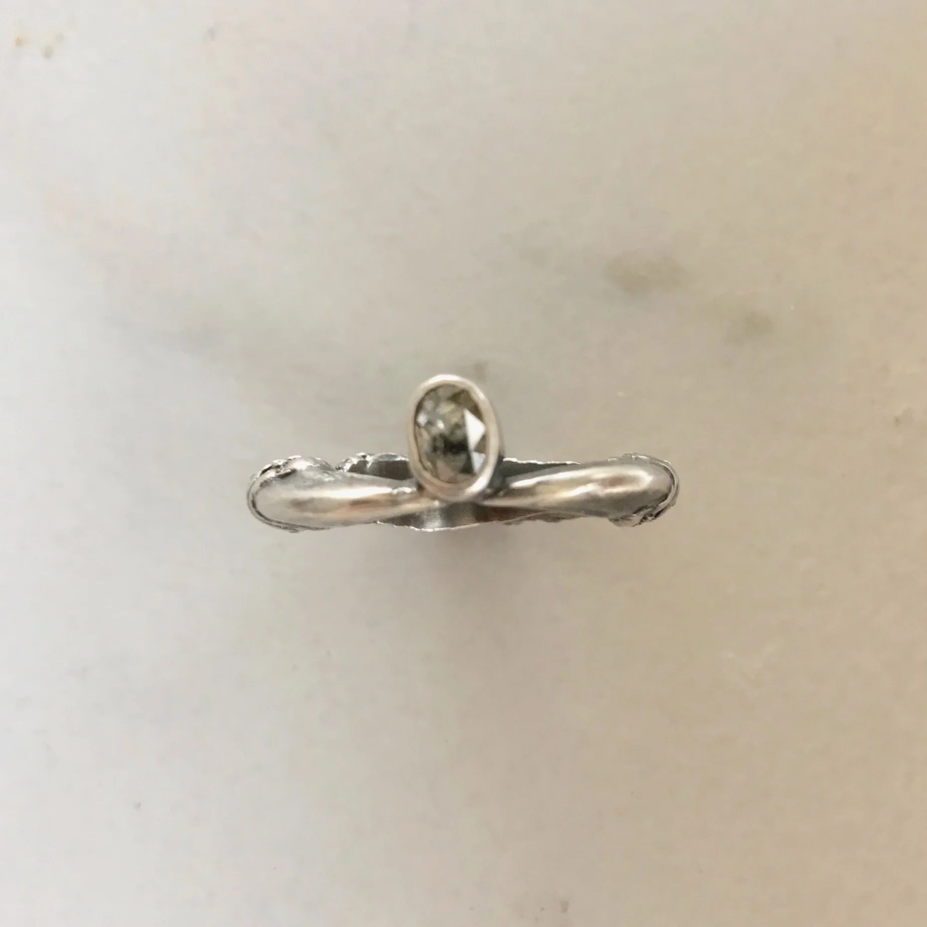 Pinch Ring with Bezel Set Gray Rose Cut Diamond in Oxidized Sterling Silver