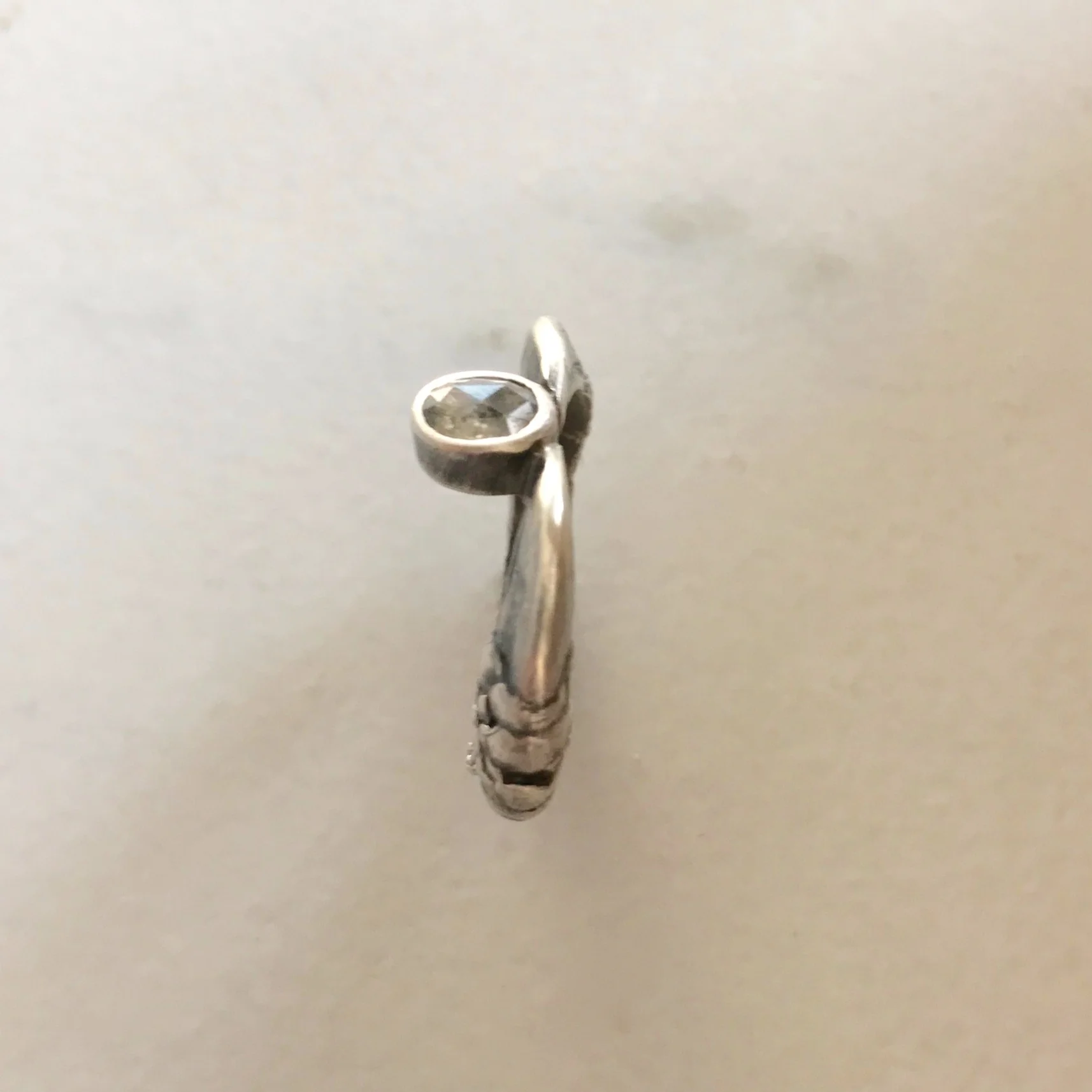 Pinch Ring with Bezel Set Gray Rose Cut Diamond in Oxidized Sterling Silver