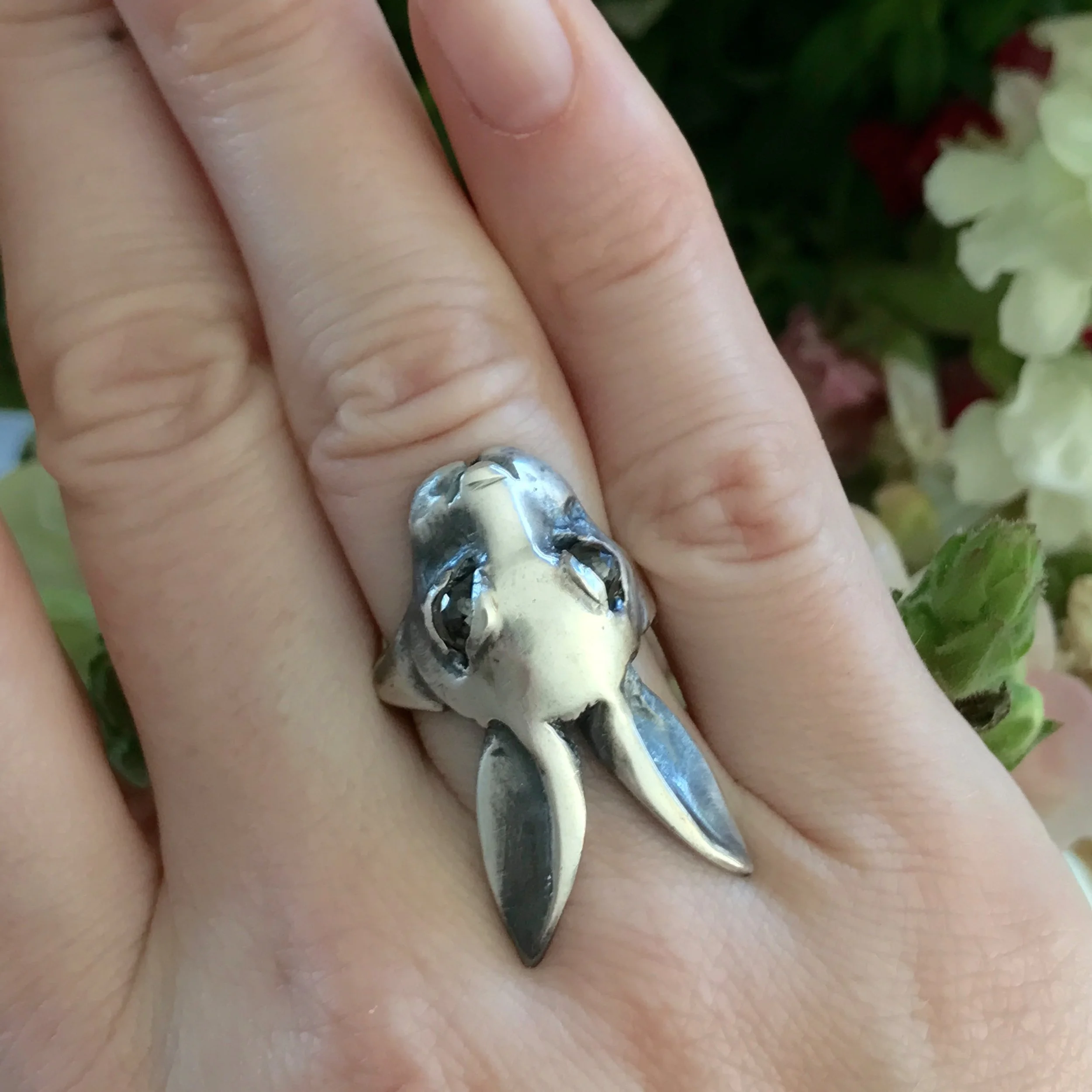 Rabbit Ring with Rose Cut Black Diamond Eyes in Oxidized Sterling Silver