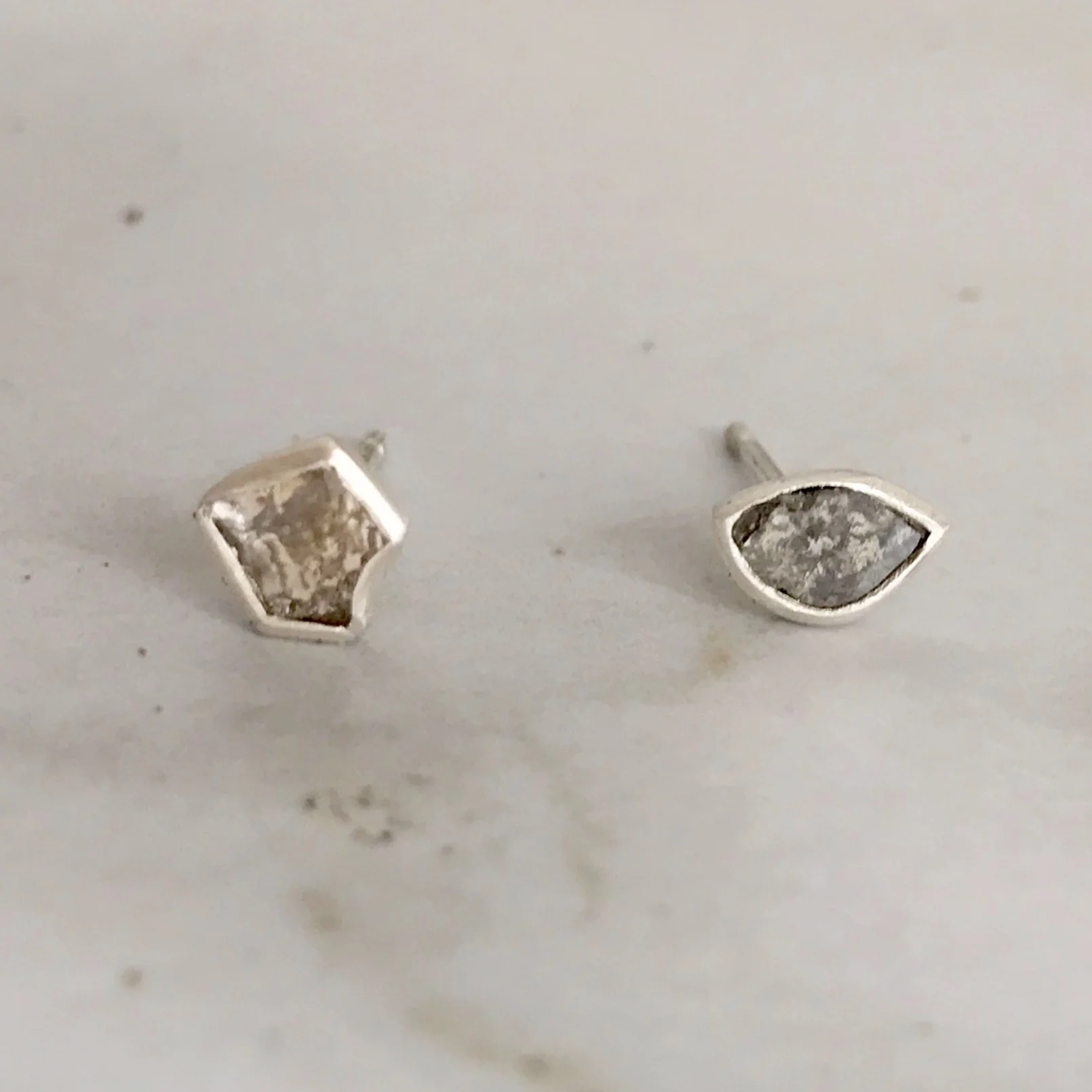 Fox Face and Cat's Eye Bezel Set Rustic Diamond Earrings in Sterling Silver