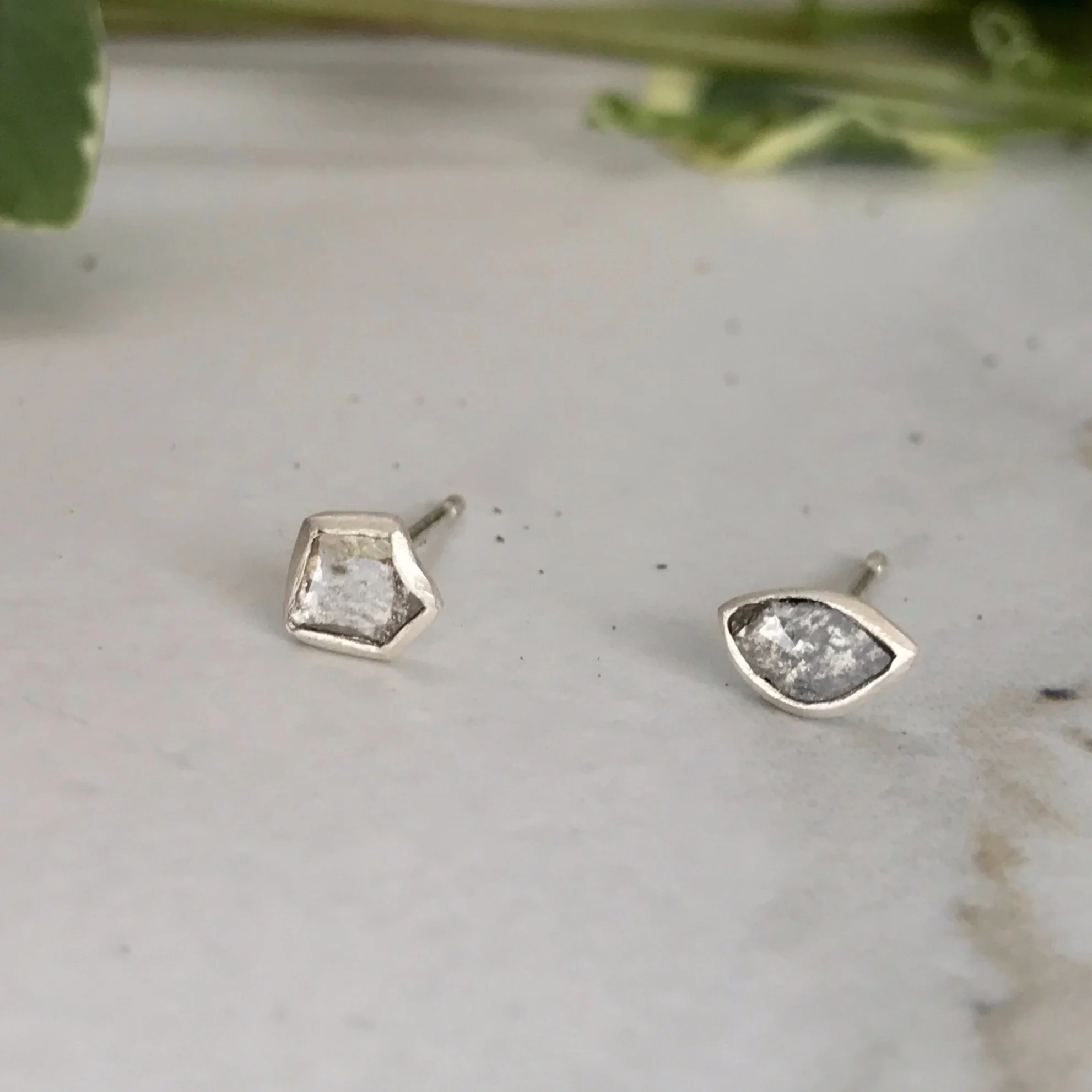 Fox Face and Cat's Eye Bezel Set Rustic Diamond Earrings in Sterling Silver