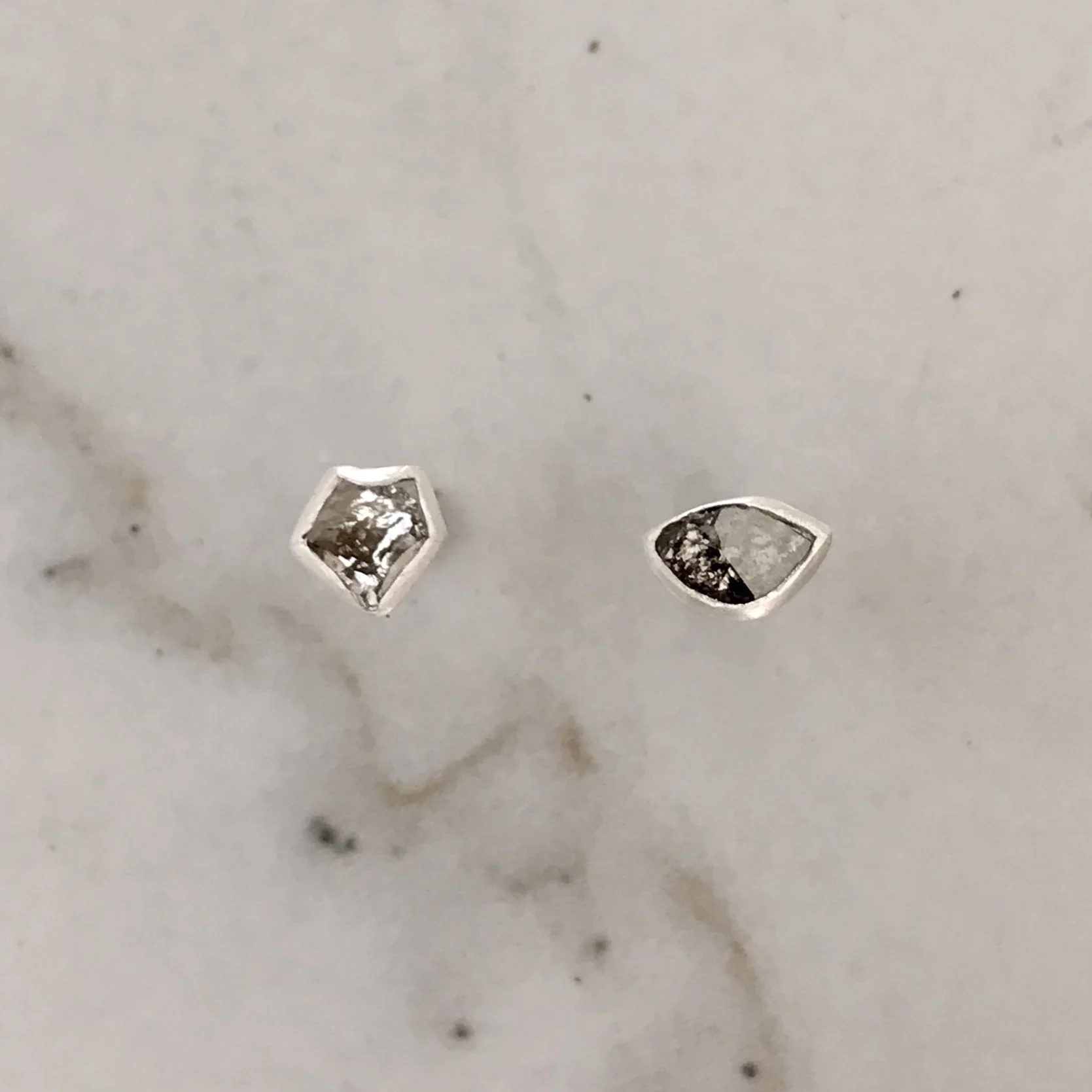 Fox Face and Cat's Eye Bezel Set Rustic Diamond Earrings in Sterling Silver
