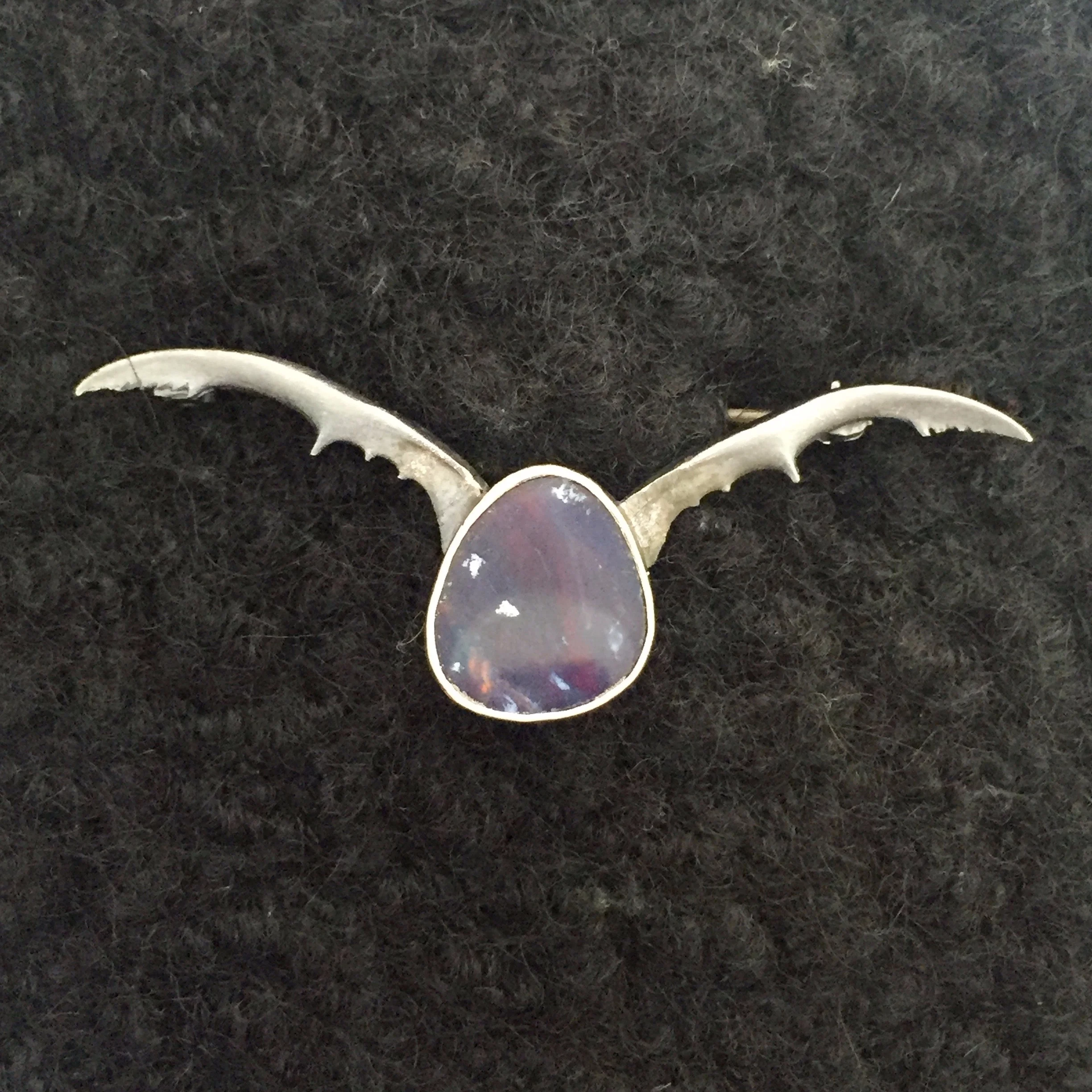 Bezel Set Blue Boulder Opal Luck Bat Brooch in Oxidized Sterling Silver with Stag Beetle Wings