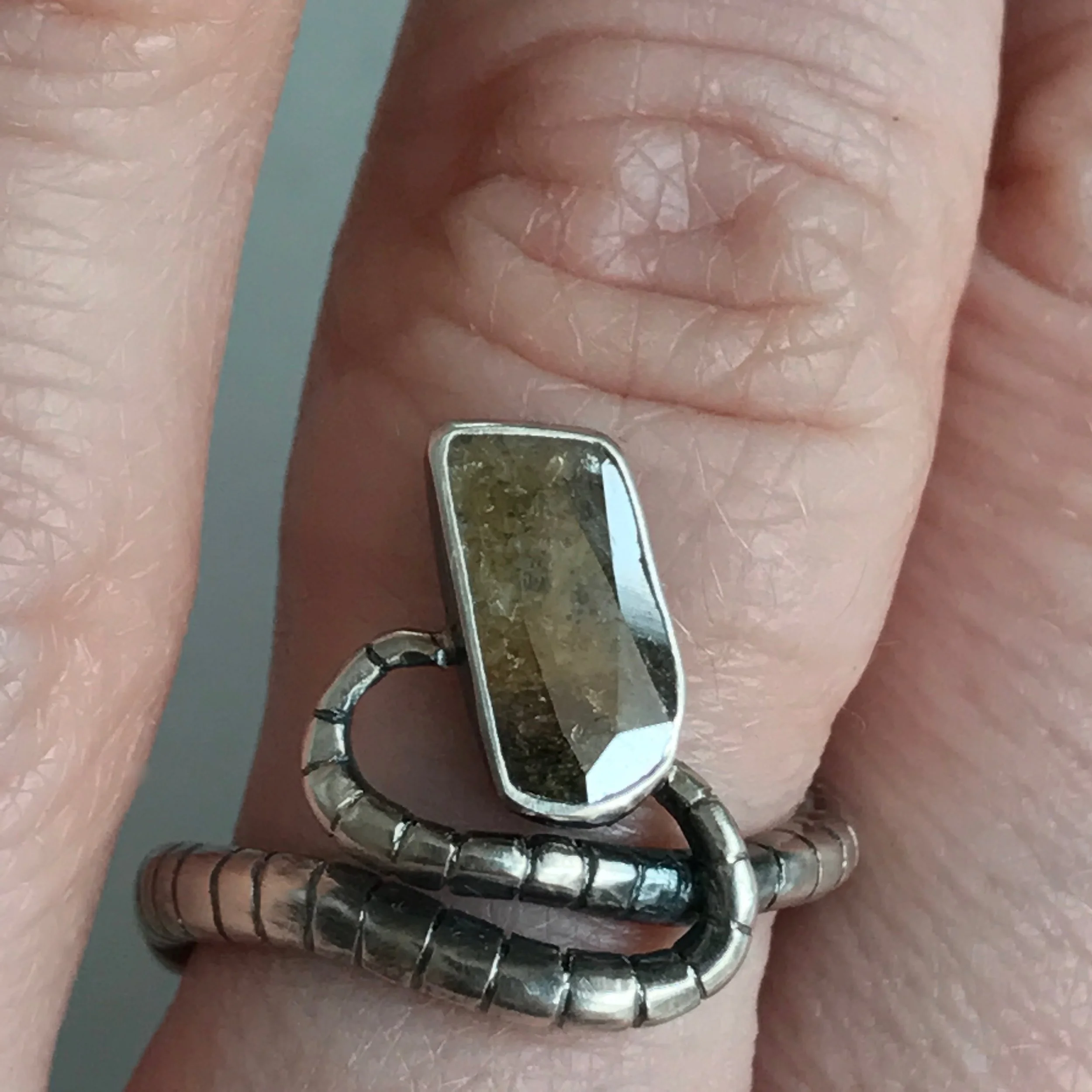Earthworm Ring with a Bezel Set Rustic Diamond Slice in Oxidized Sterling Silver