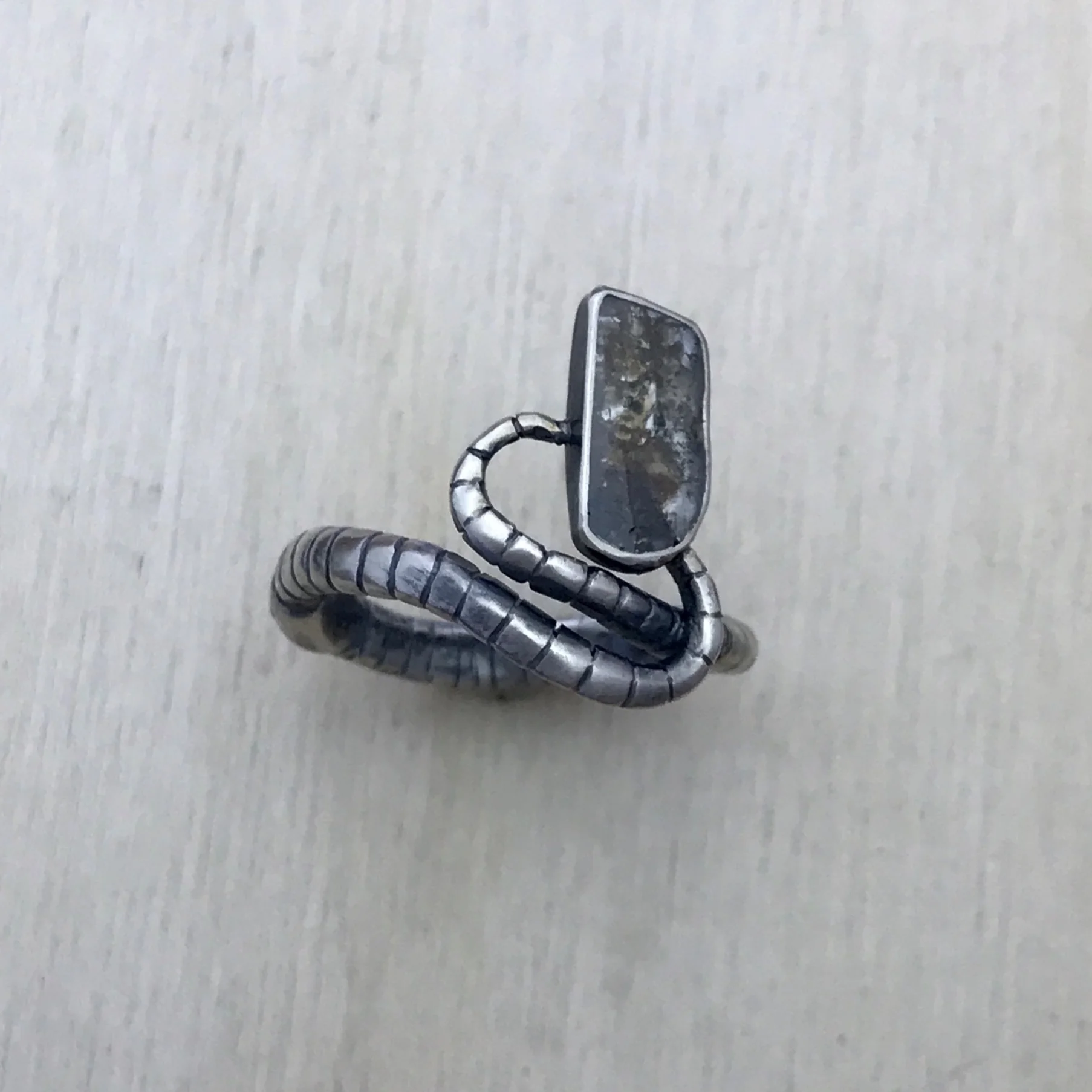 Earthworm Ring with a Bezel Set Rustic Diamond Slice in Oxidized Sterling Silver