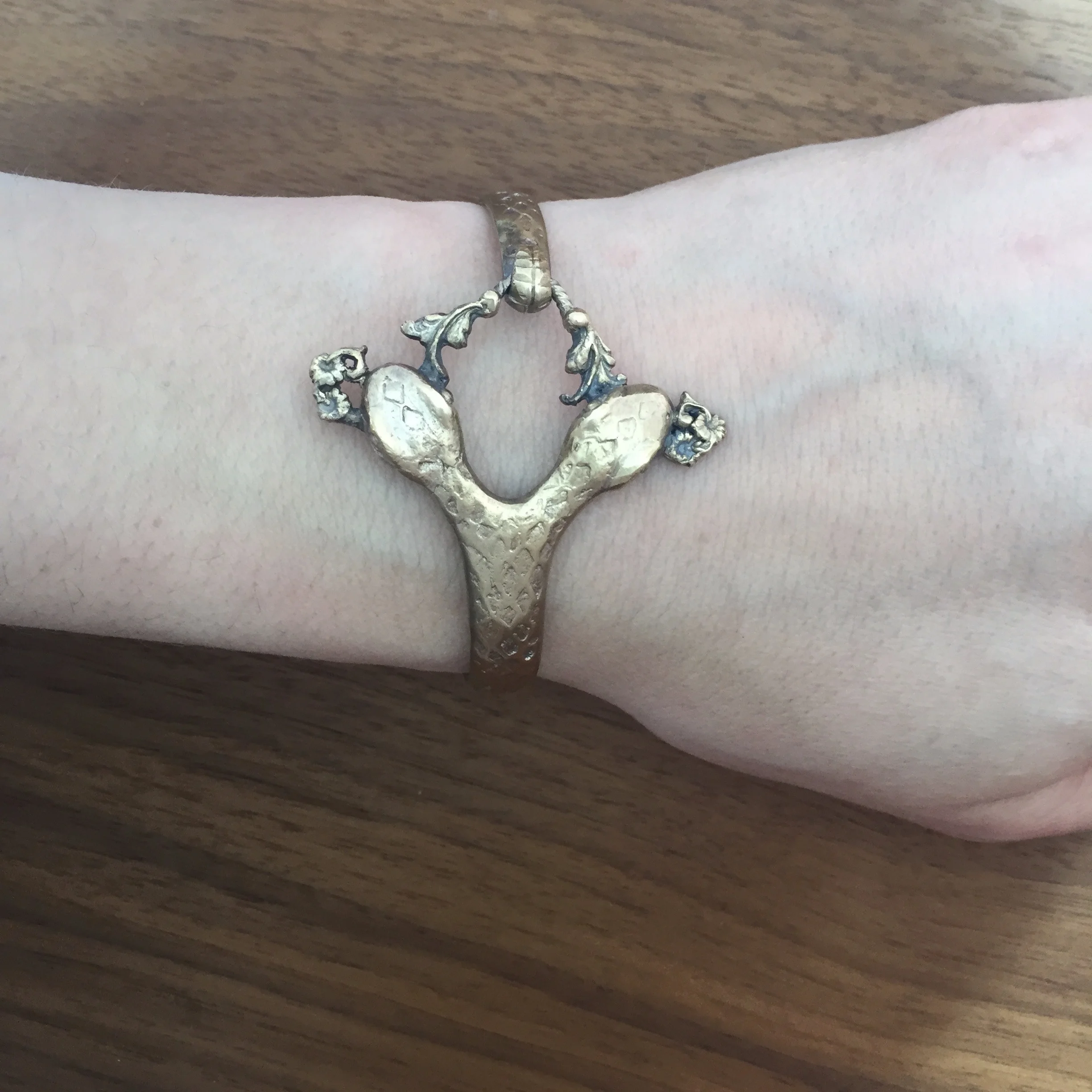 Two-Headed Snake Hinged Bracelet in Golden Oxidized Brass