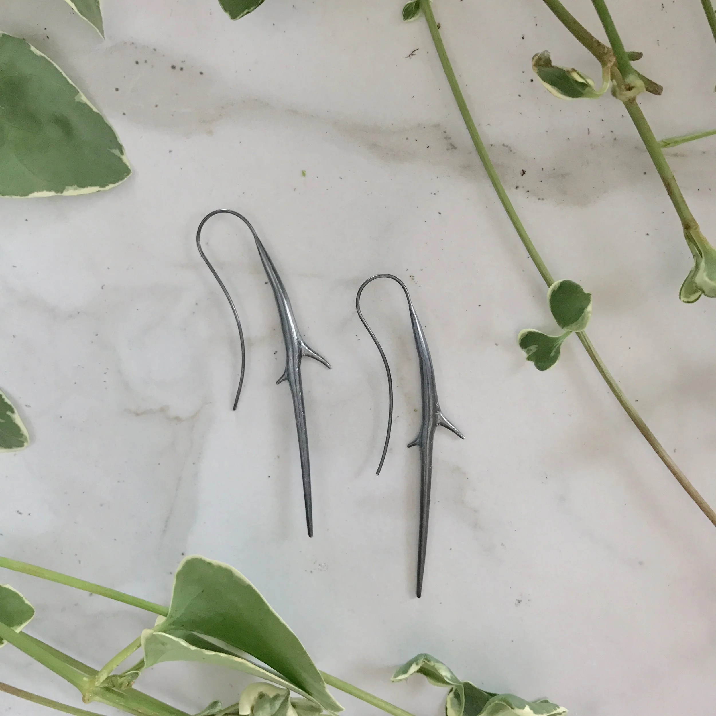Long Black Thorns Hook Earrings in Oxidized Sterling Silver