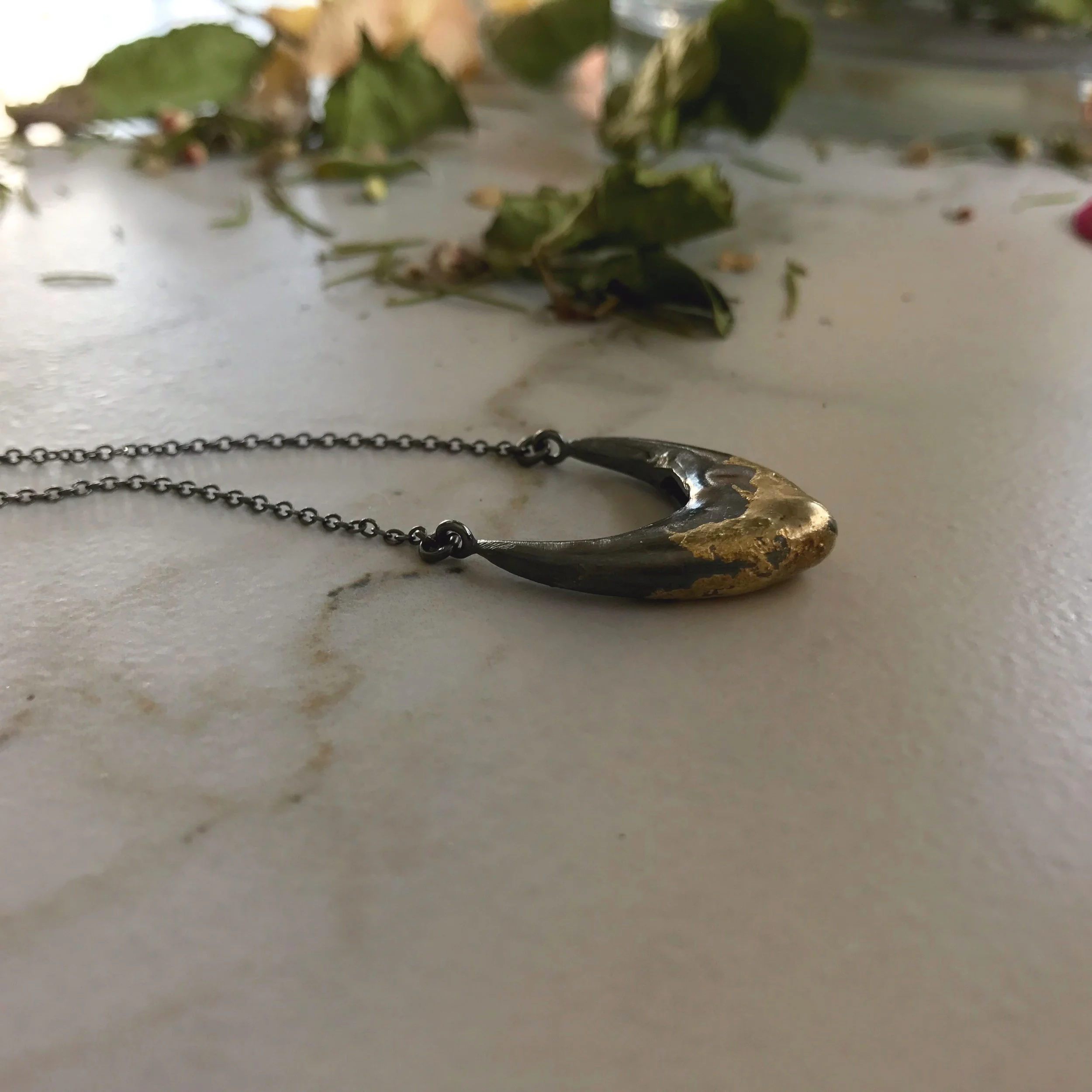 Mirrored Tiger Claw Necklace in Oxidized Sterling Silver with 14k Gold Appliqué