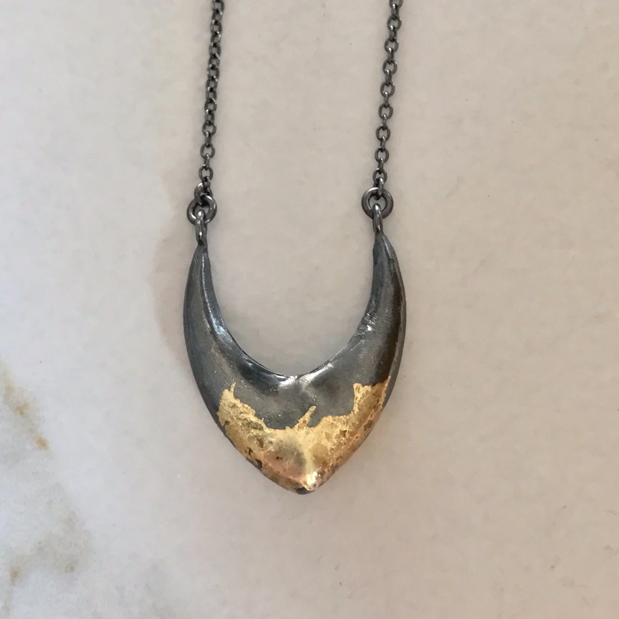 Mirrored Tiger Claw Necklace in Oxidized Sterling Silver with 14k Gold Appliqué
