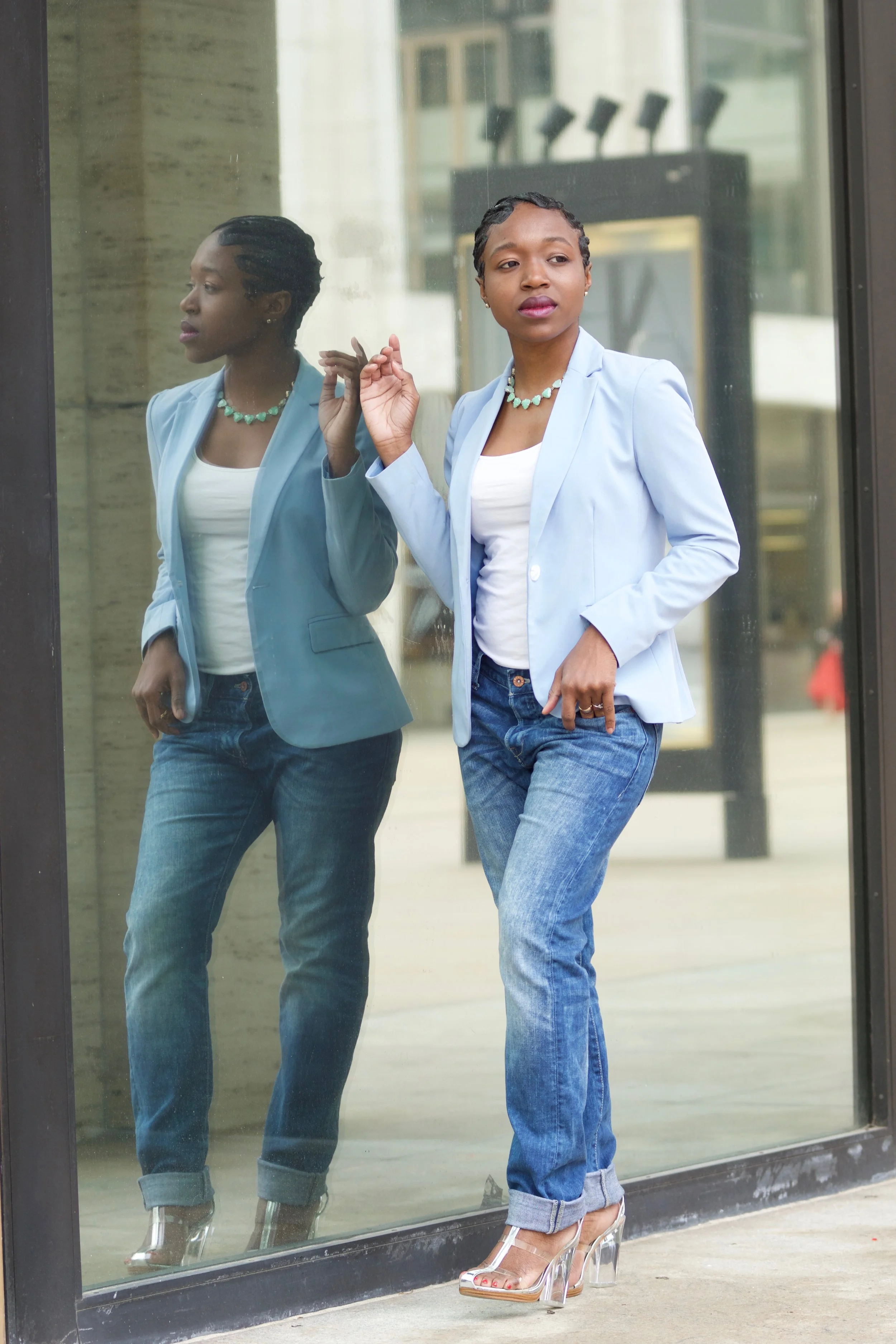A casual but luxe look! Blazer- Forever21// Necklace- Stella&Dot// Shoes- Jefferey Campbell// Scarf below- stella&dot Photographer: Alan Simpson simpson.bigal@gmail.com