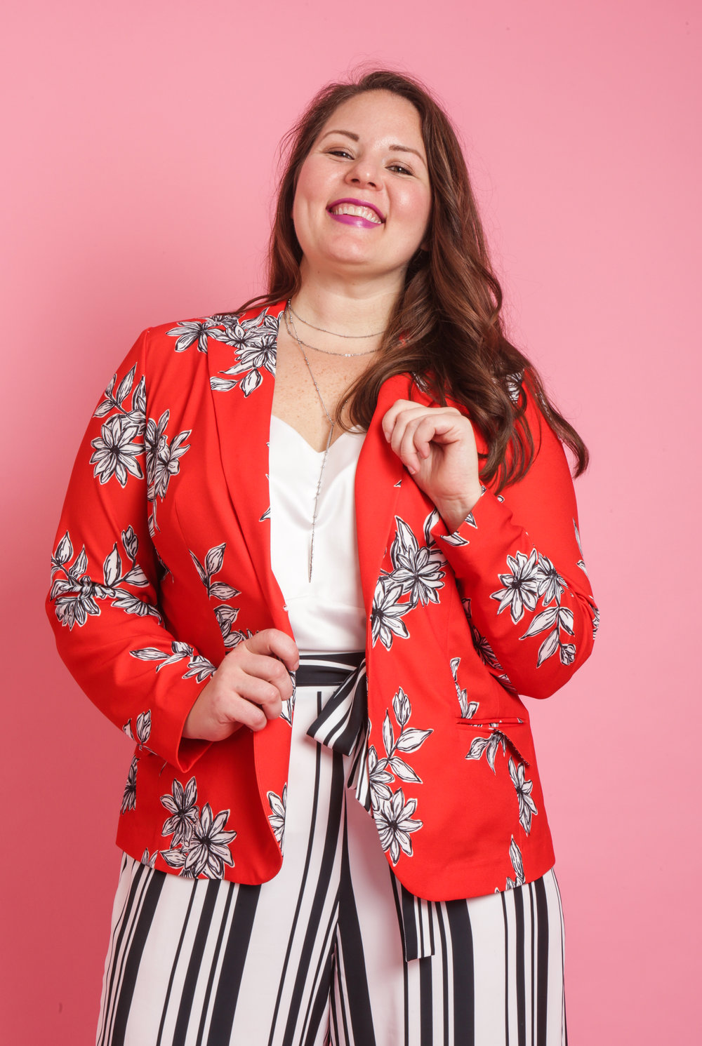 floral blazer, striped pants 