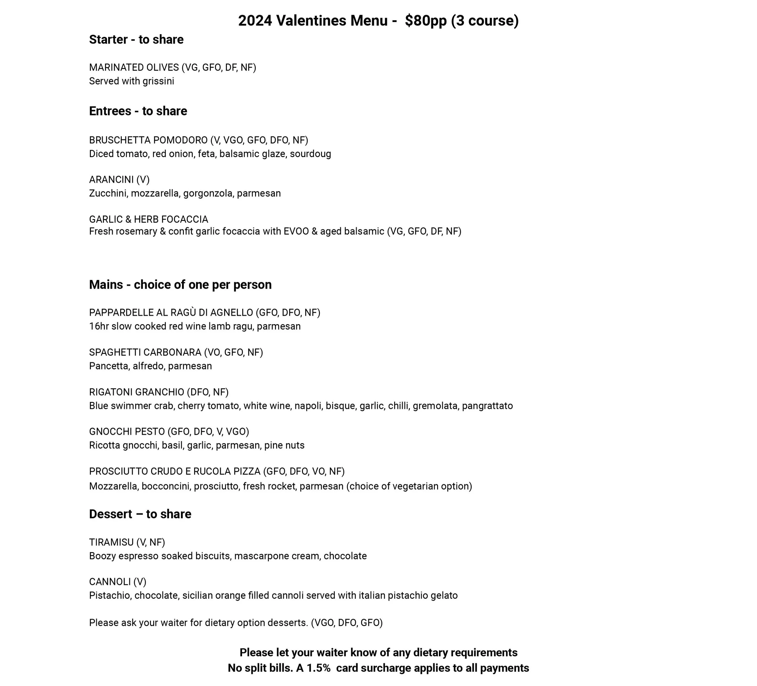 Valentine's Day Menu — The Spaghetti House Trattoria