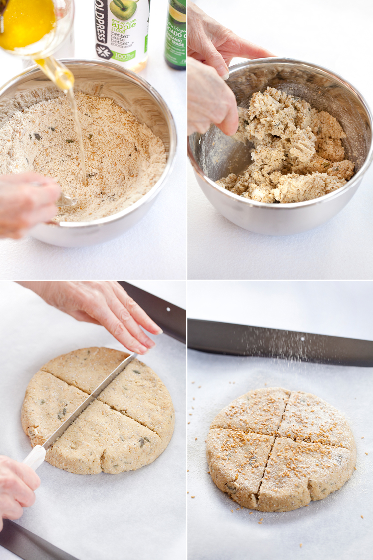 Top left: Make a well in the centre of the combined dry ingredients, then pour in the combined wet ingredients. Top right: Mix everything together with a fork. Bottom left: After shaping, score a cross in the dough. Bottom right: Sprinkle with extra seeds and dust with sifted almond flour before baking.