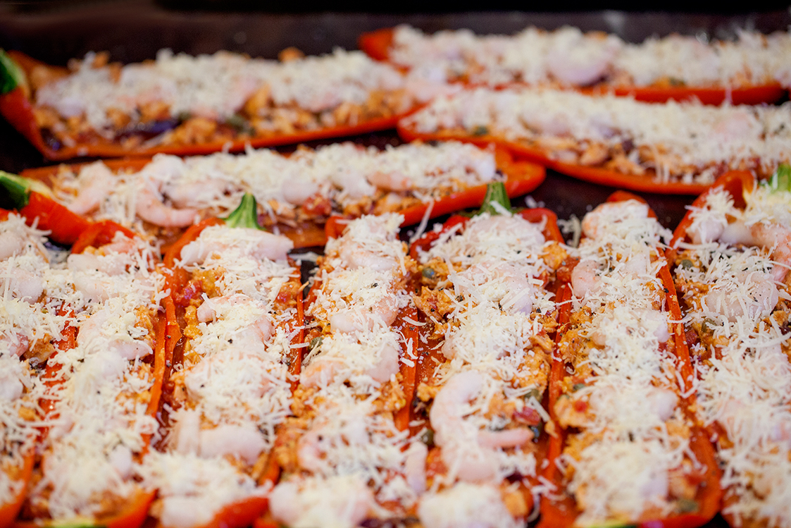 Pizza Peppers with tuna and prawns ready for the grill