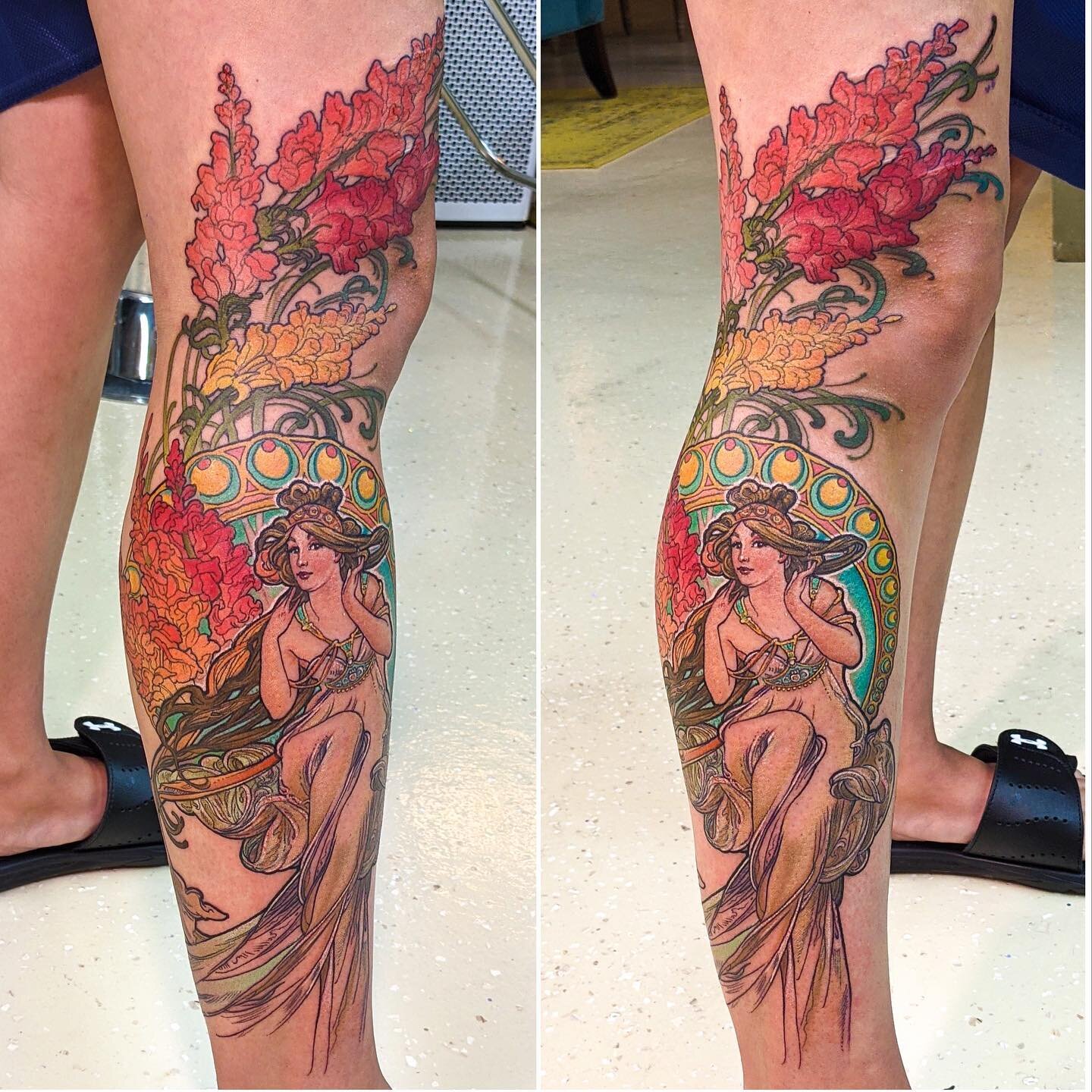 Swipe for more, hard to photo this one&hellip;an all-day single session marathon on the always-indomitable Richelle!  It&rsquo;s been years since I&rsquo;ve seen her, and she&rsquo;s always a delight.  We did a mash-up of Mucha&rsquo;s wonderful &ldq