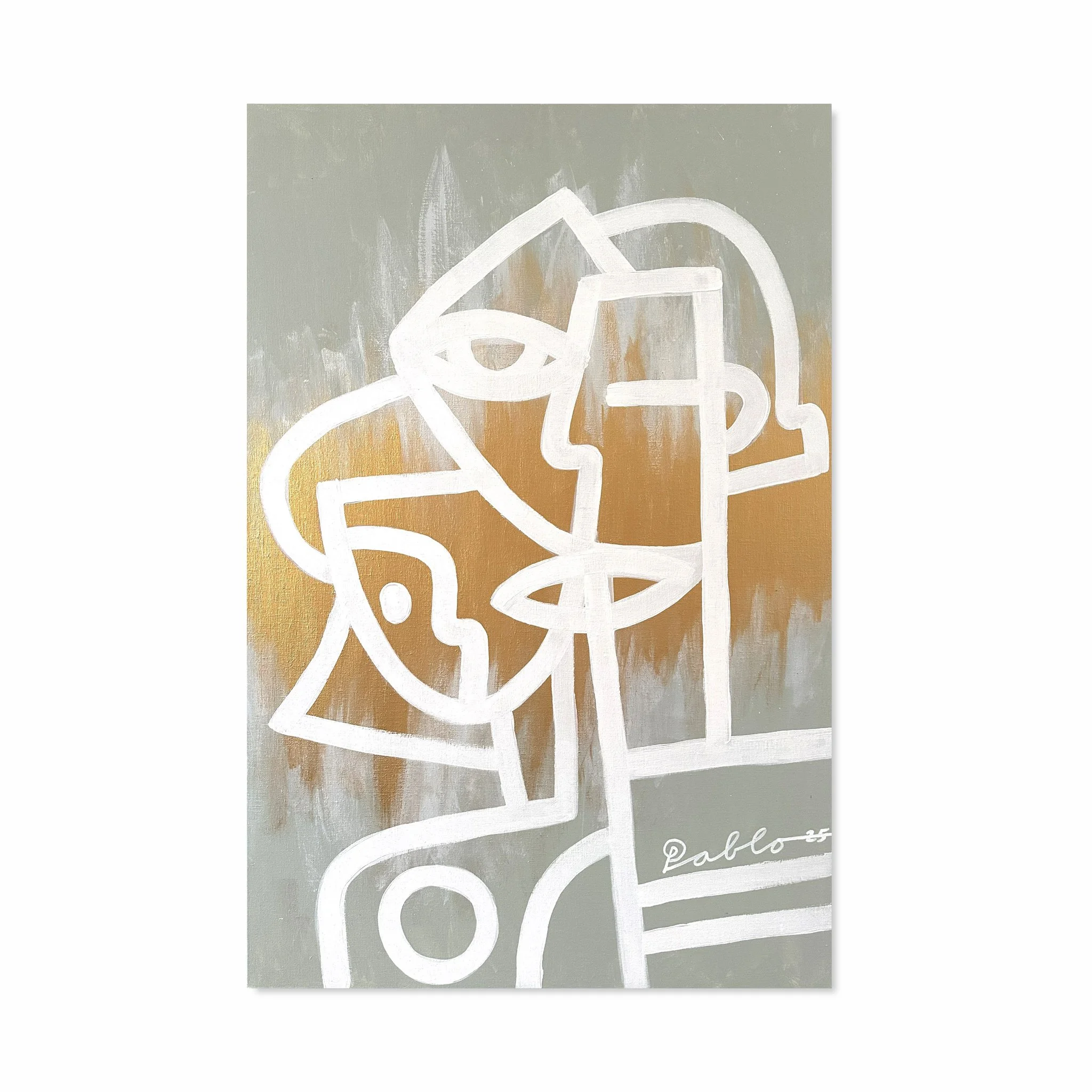 AKunstwerk van Pablo Lucker, contemporary artist, Amsterdam. bstract lijntekening van twee menselijke gezichten en een glas, met een achtergrond in grijstinten en bruintinten, ondertekend door Pablo.