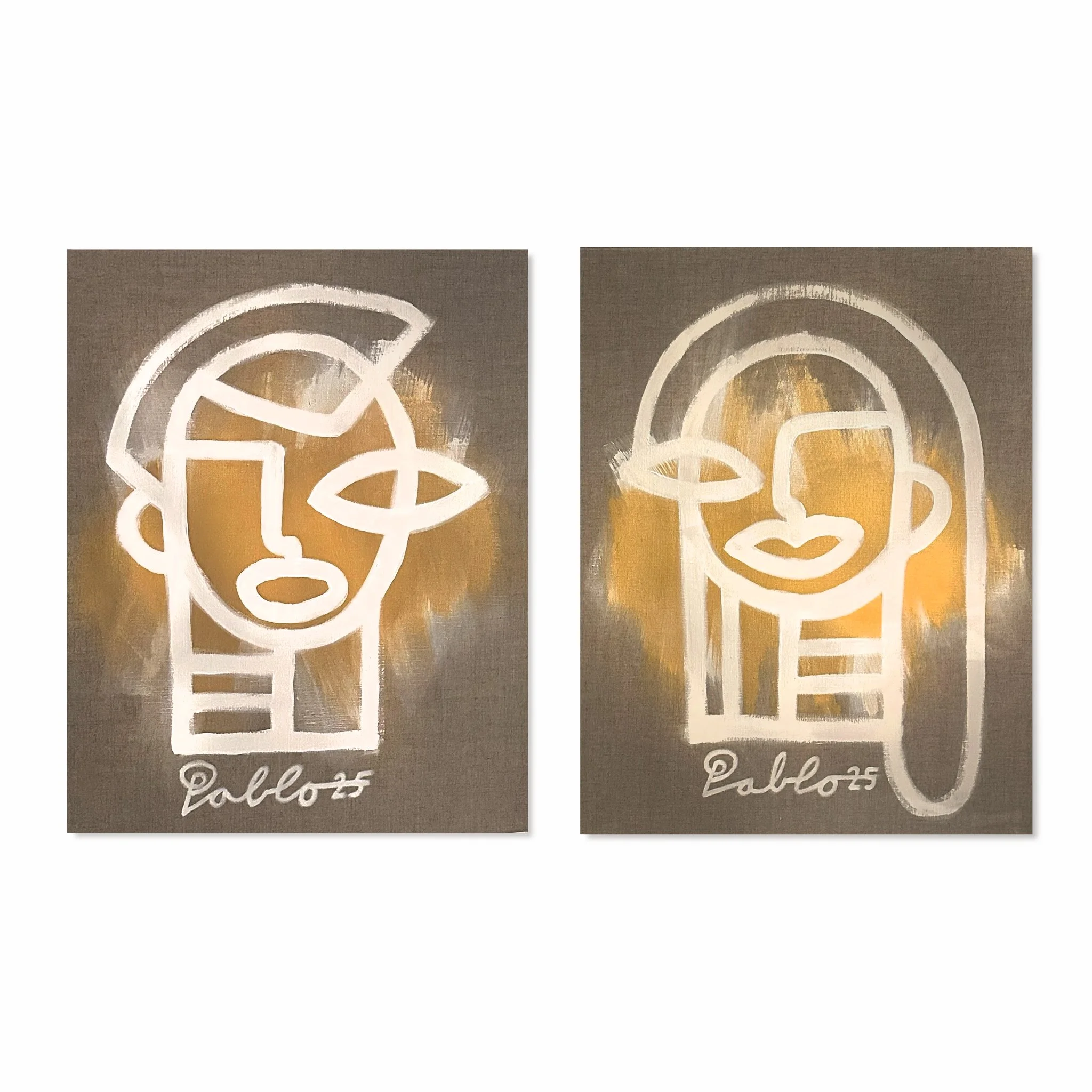 Kunstwerk van Pablo Lucker, contemporary artist, Amsterdam. Twee abstracte lijntekeningen van gezichten met een witte lijn op grijze en gele achtergrond, ondertekend met 'Palbo' en het jaar 2023.