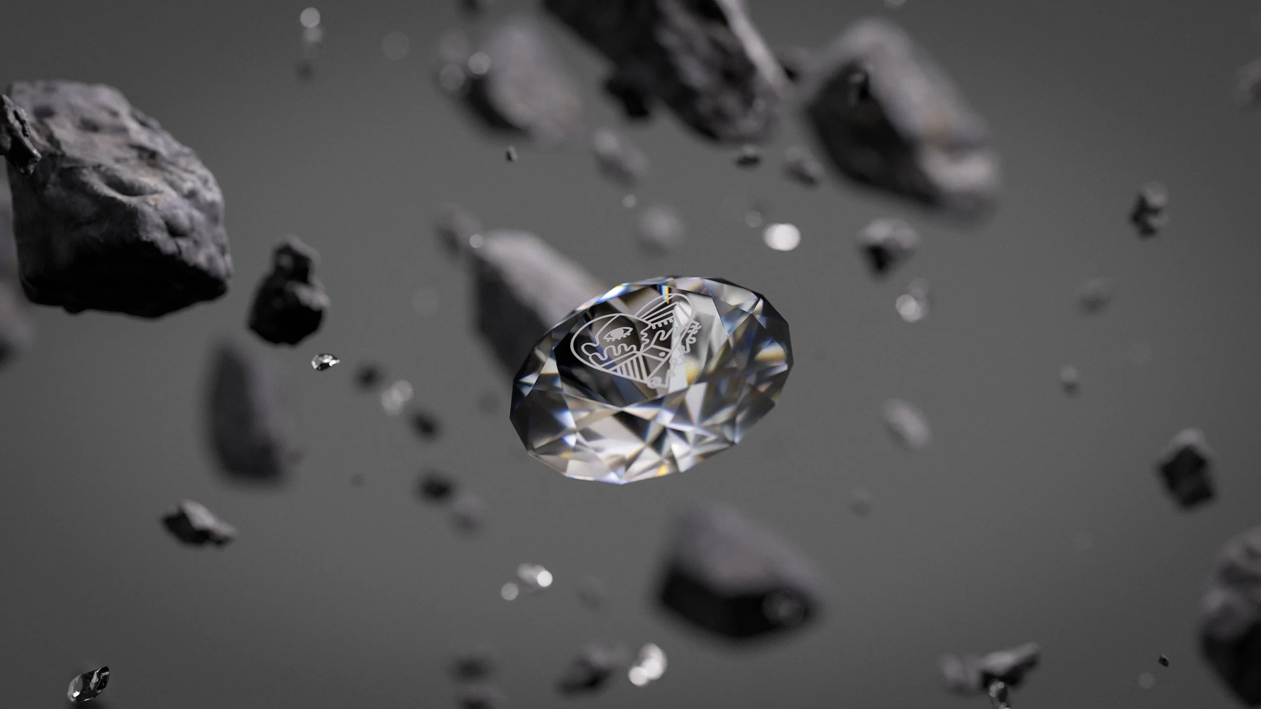 A floating diamond, smallest artwork on a diamond in the world surrounded by small dark rocks in space with a black background made by Artist Pablo Lücker