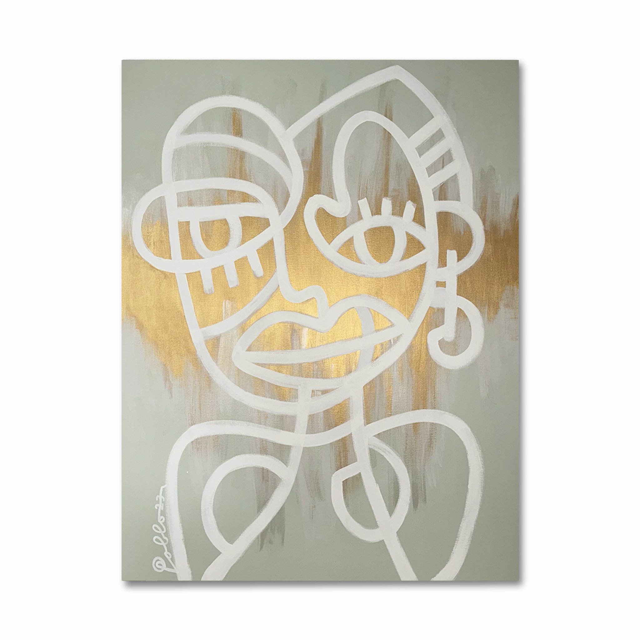 Kunstwerk van Pablo Lucker, contemporary artist, Amsterdam. Abstracte schildering van een vrouwelijk gezicht in wit met gele en grijze achtergrond.