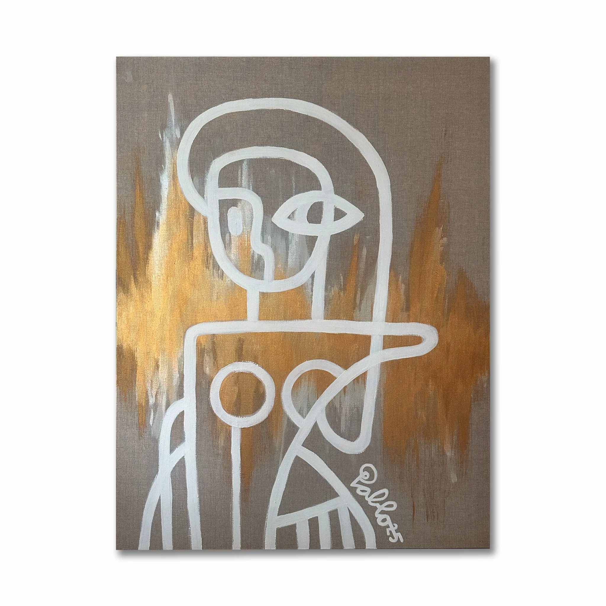 Kunstwerk van Pablo Lucker, contemporary artist, Amsterdam. Abstracte lijntekening van een vrouw met lang haar, in witte lijnen op een beige achtergrond met bruin en oranje vlekken.