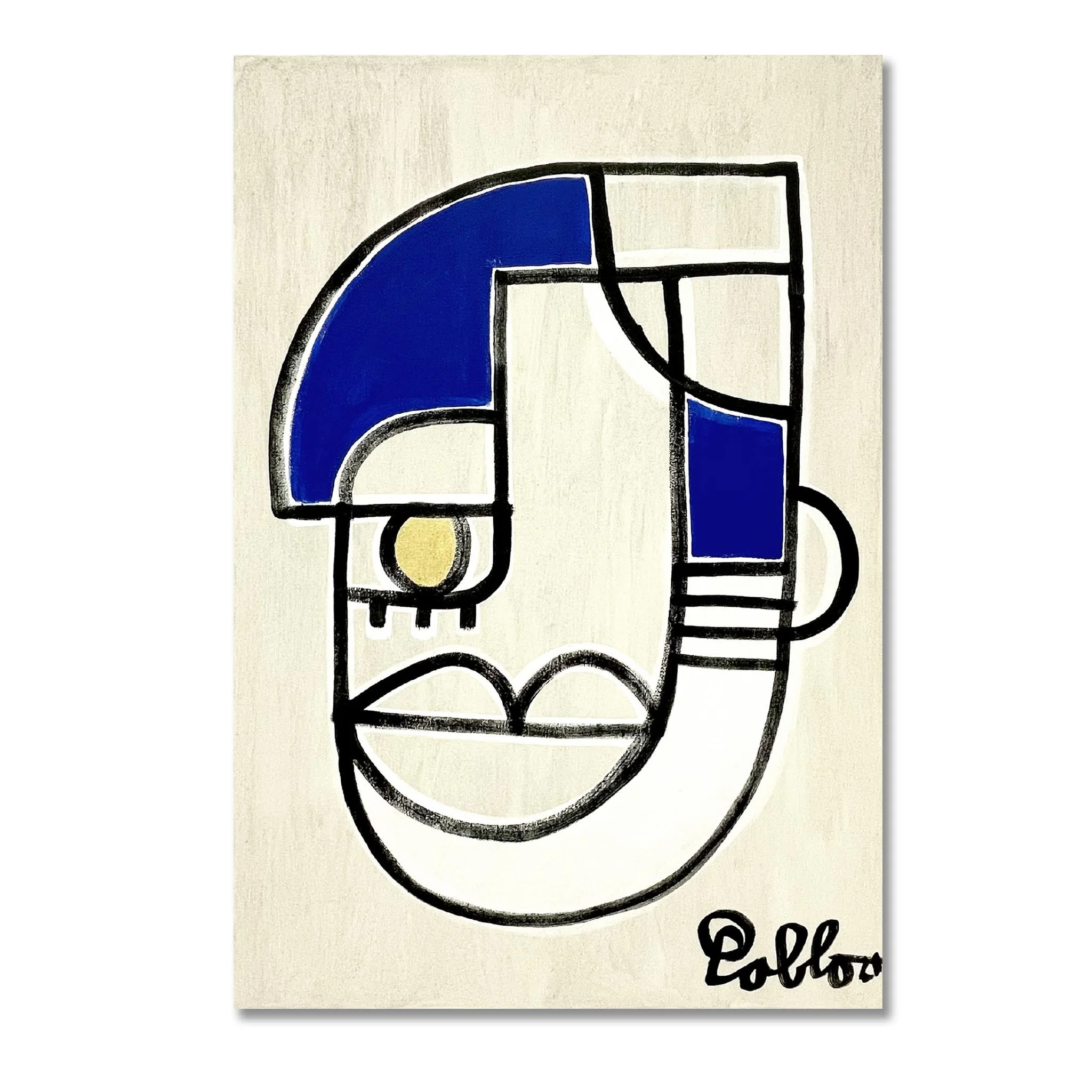 Kunstwerk van Pablo Lucker, contemporary artist, Amsterdam. Abstract kunstwerk met lijntekeningen en blokken van donkerblauw en beige, met een ondertekening links onderaan.
