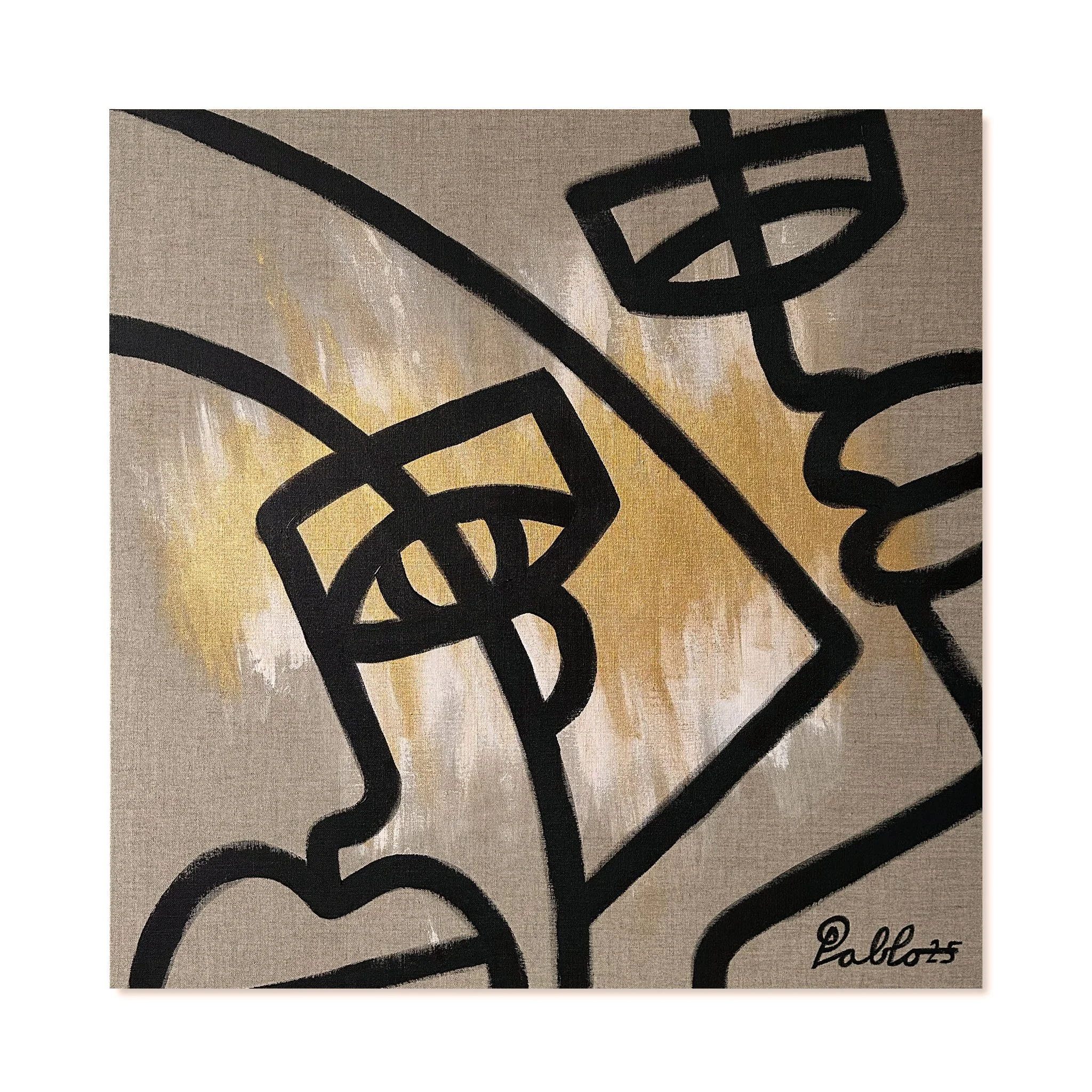 Abstracte schildering met zwarte lijnen en geometrische vormen op een beige achtergrond met gouden accenten gemaakt door contemporary artist Pablo Lucker uit Amsterdam.
