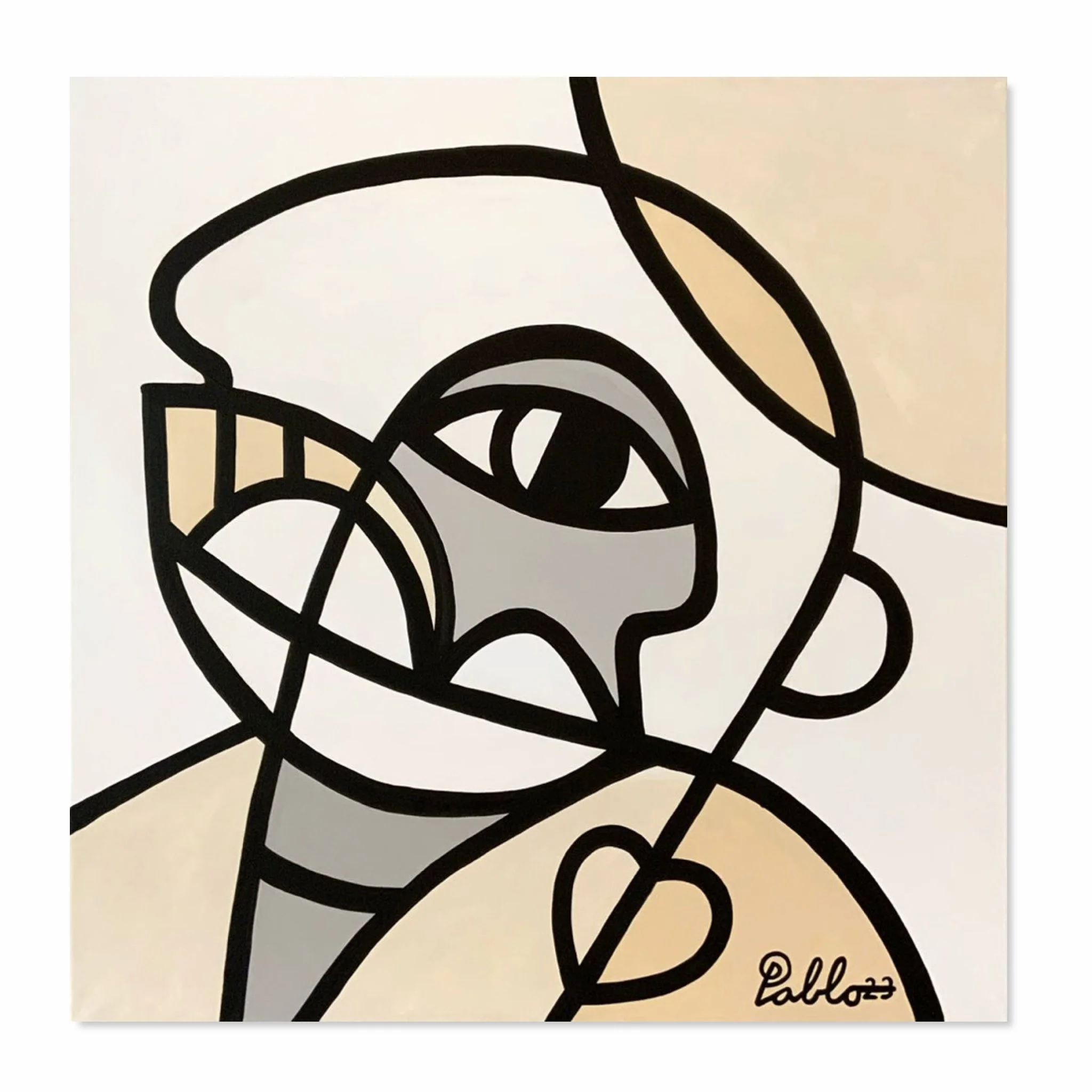 Kunstwerk van Pablo Lucker, contemporary artist, Amsterdam. Abstracte lijntekening van een gezicht met een grote oog en geblokte vormen in zwart en beige kleuren.