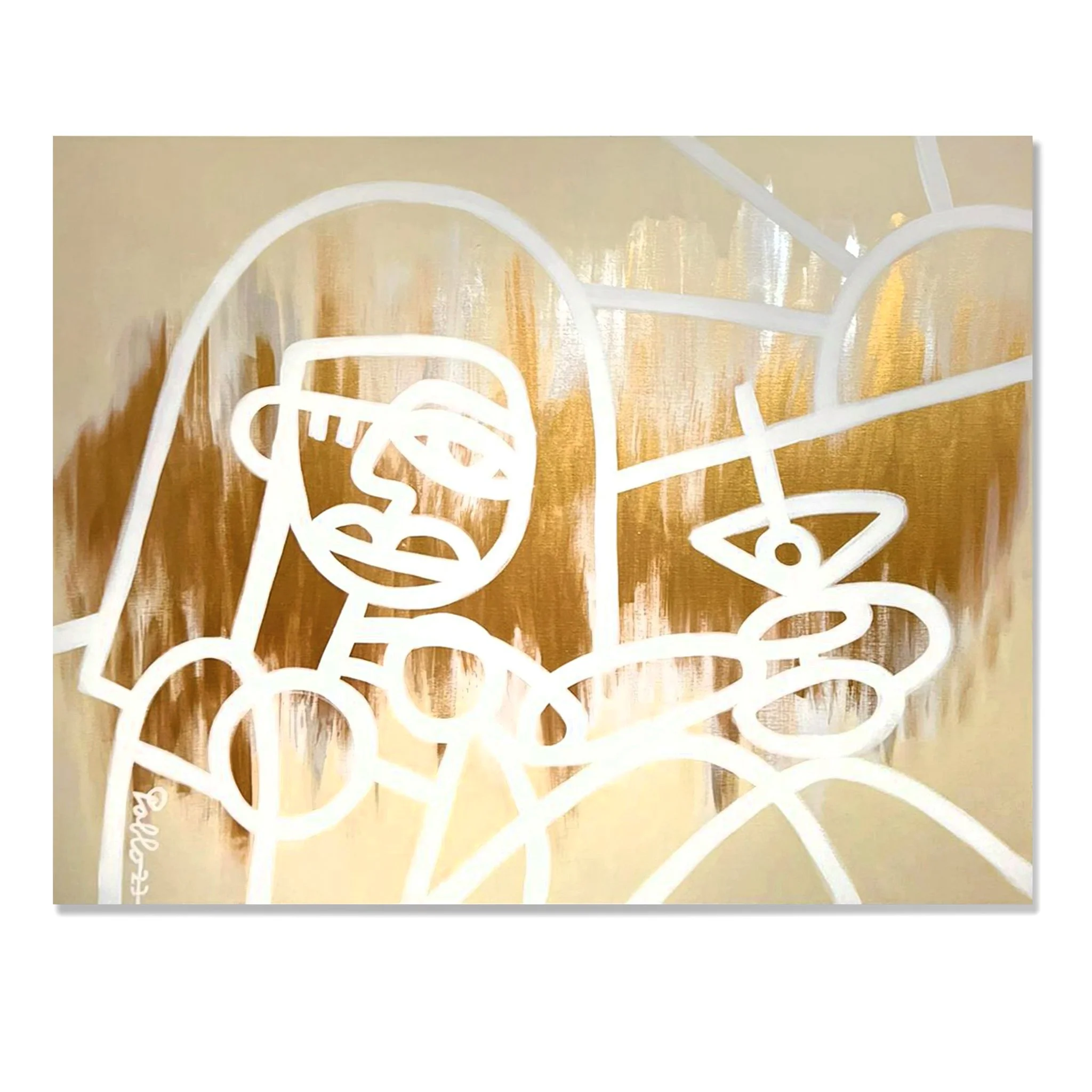 Origineel kunstwerk uit de Golden Hour series van contemporary artist Pablo Lucker waarbij een vrouw met een zonnebril en een kort kapsel is afgebeeld, met geometrische vormen op een gouden achtergrond.