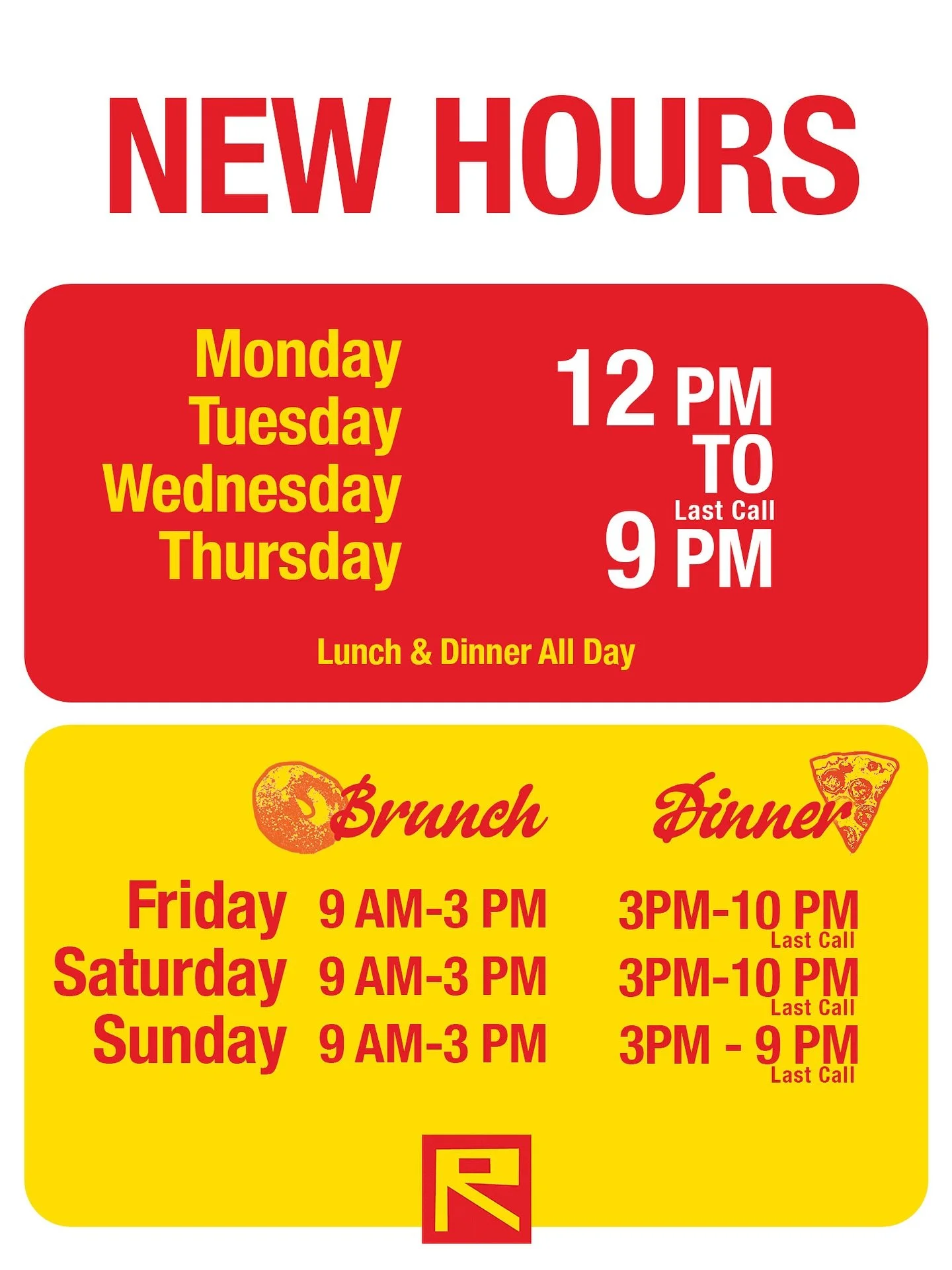🔥New hours! 🔥 Now open 12-9pm Monday - Thursday and serving one menu. Now you can get pasta for lunch and a sandwich for dinner!  Serving brunch only on Fridays, Saturdays and Sundays starting at 9am 🍽️
